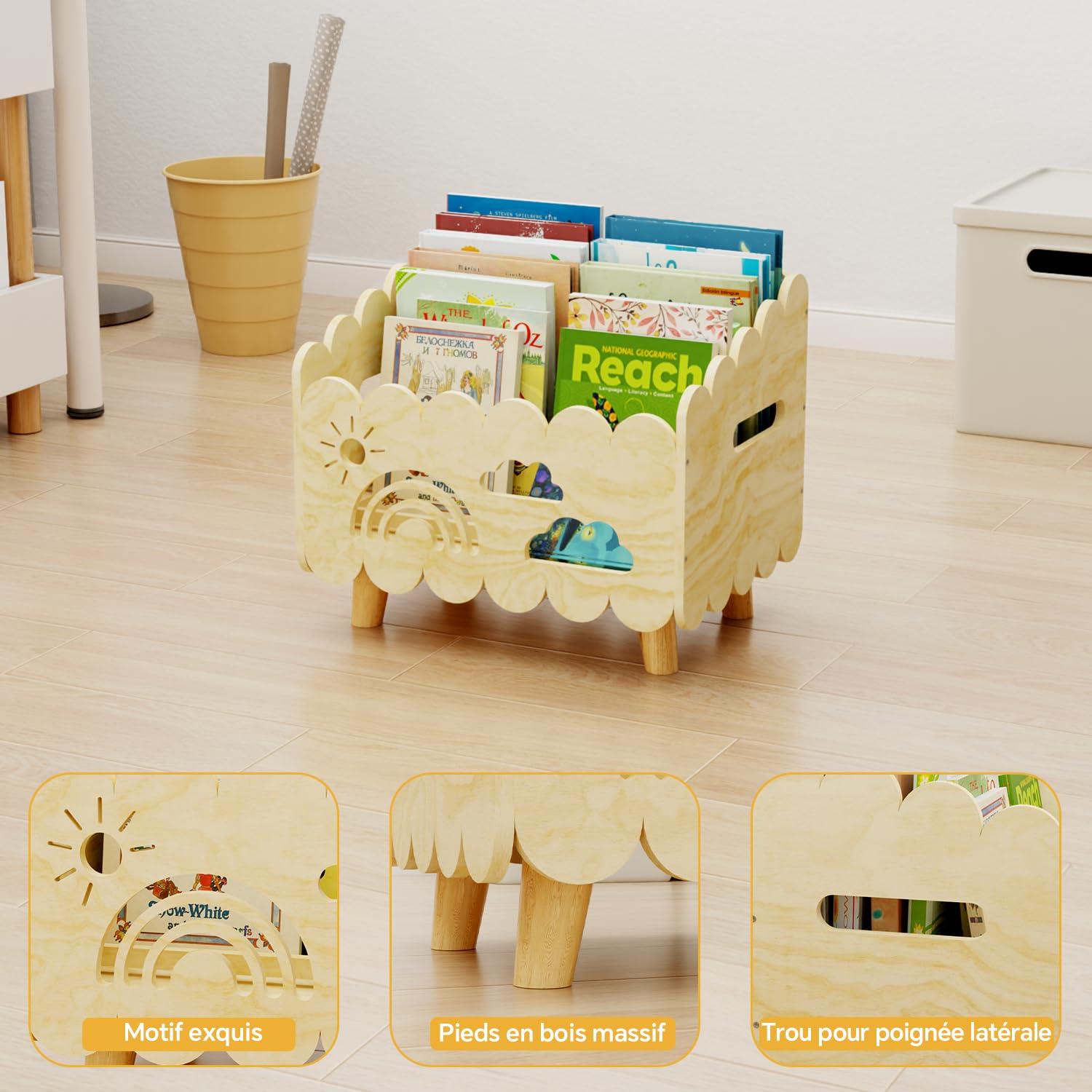 Bibliotheque Enfant Bois, Meuble Rangement Livre Enfant, Coffre à Jouet Bibliothèque Montessori, pour Chambre Bebe, Enfant et Salle de Jeux, Etagere Range Livre Enfants, Caisse a Jouet