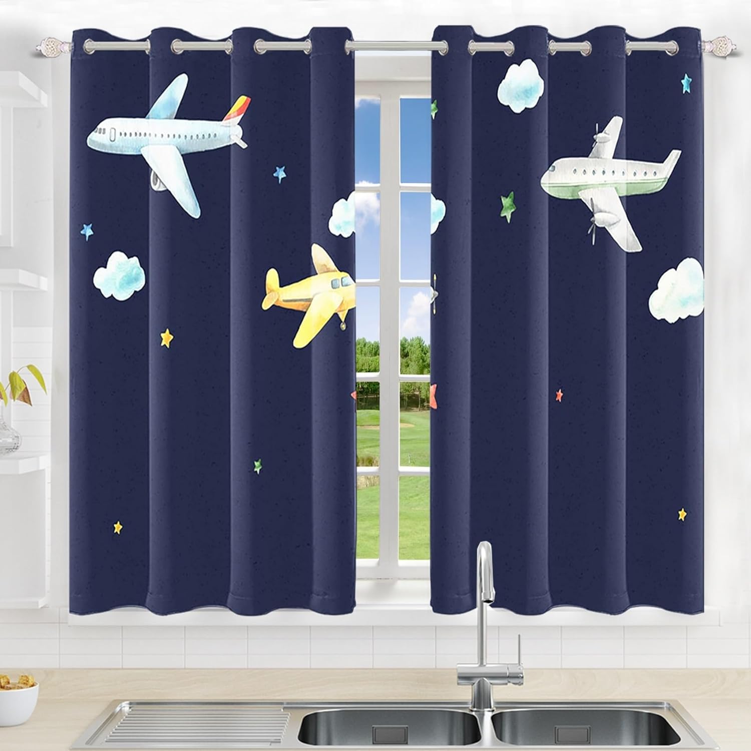Navy Blue Kids Blackout Curtains for Boys Girls Teens Bedroom Cute Airplane Stars Clouds Curtain for Home Living Room Dorm Room Darkening Grommet Window Drapes 2 Panel Set, 21"x45"