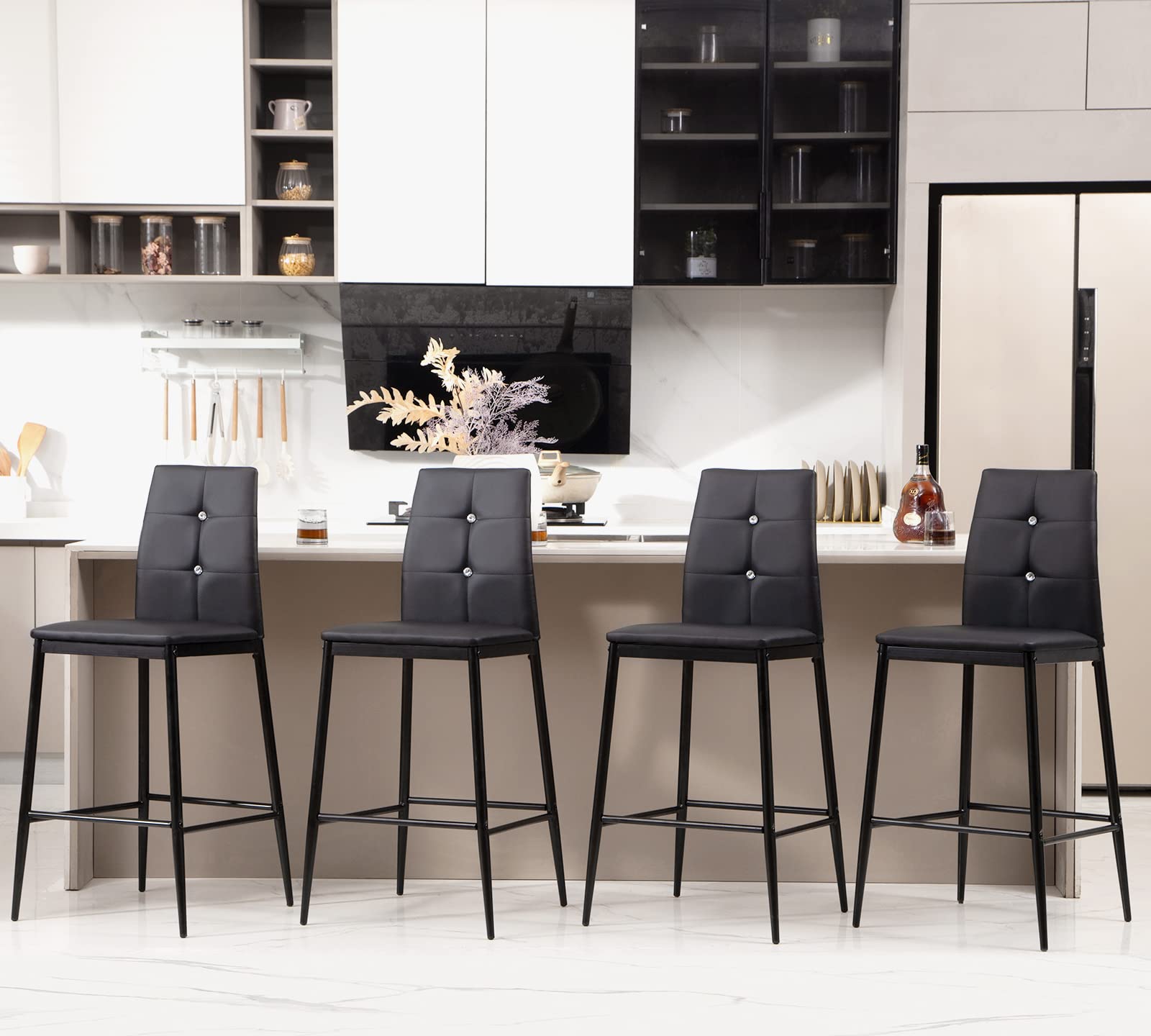 Bar Stools Set of 4 Modern Black Barstools 26 Inch, Faux Leather