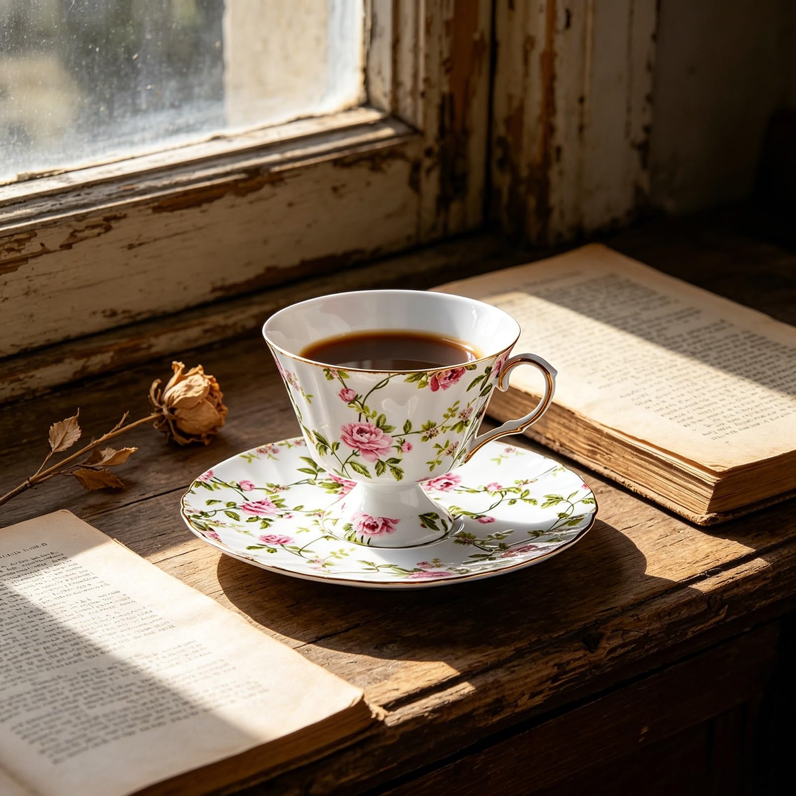 Porcelanowy zestaw filiżanek i spodków w kwiaty | Czas na herbatę: porcelana kwiatowa