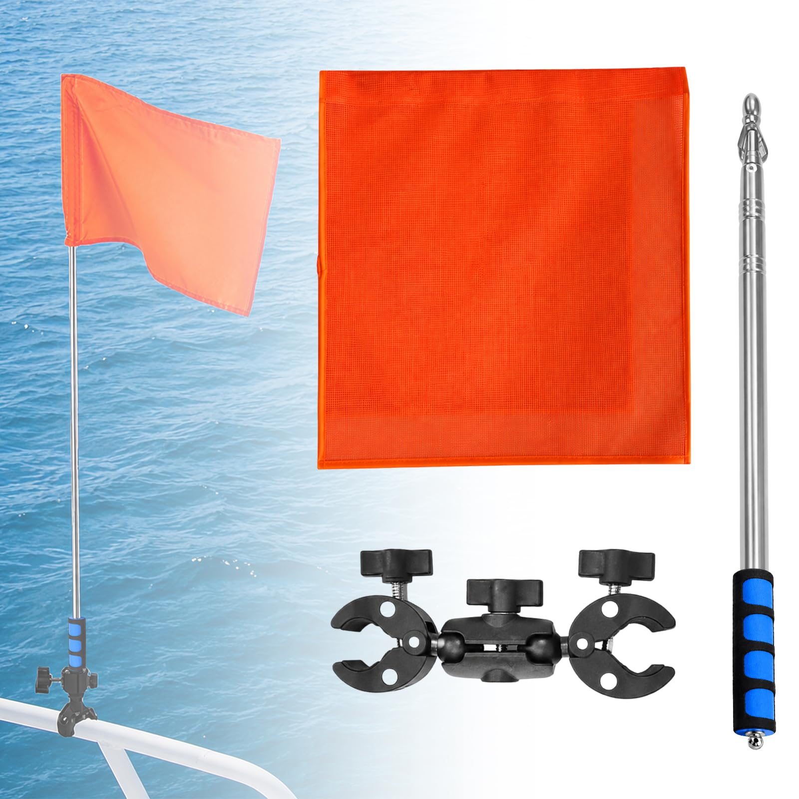 Bandiera di sicurezza della barca con palo regolabile da 78", bandiera di sci acquatico per pontone, vela, kayak e jet ski - bandiera di allarme marino ad alta visibilità arancione per la sicurezza de
