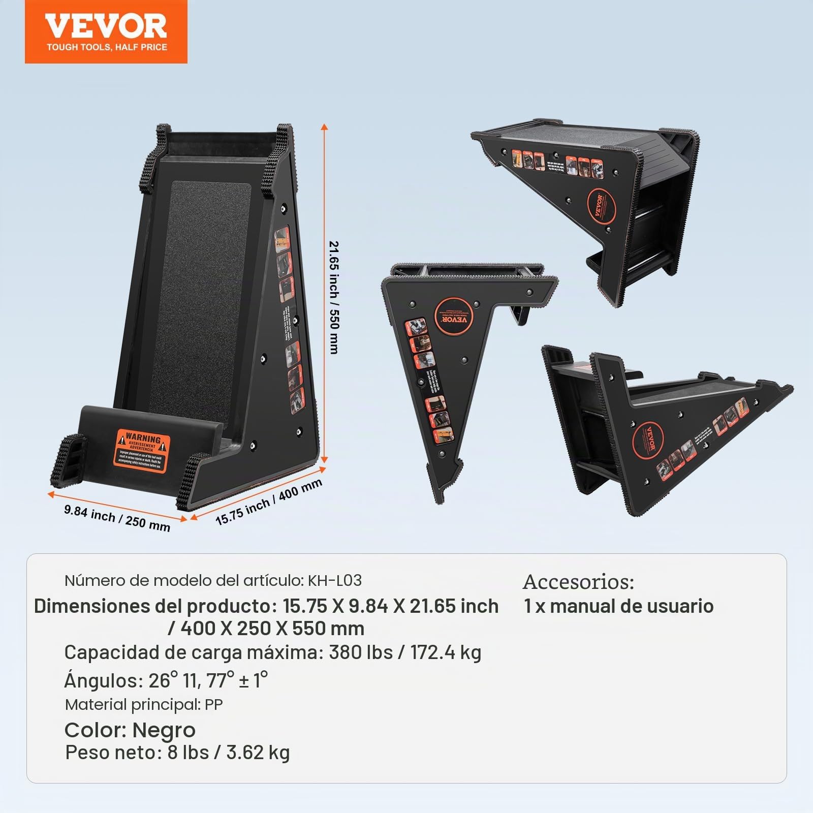 VEVOR Nivelador de Escaleras de Polipropileno con Capacidad de Carga de 172,4 kg, Tolva de Inclinación, Estabilizador de Escaleras con Almacenamiento, para Terrenos Irregulares, φ 97 x 493 mm