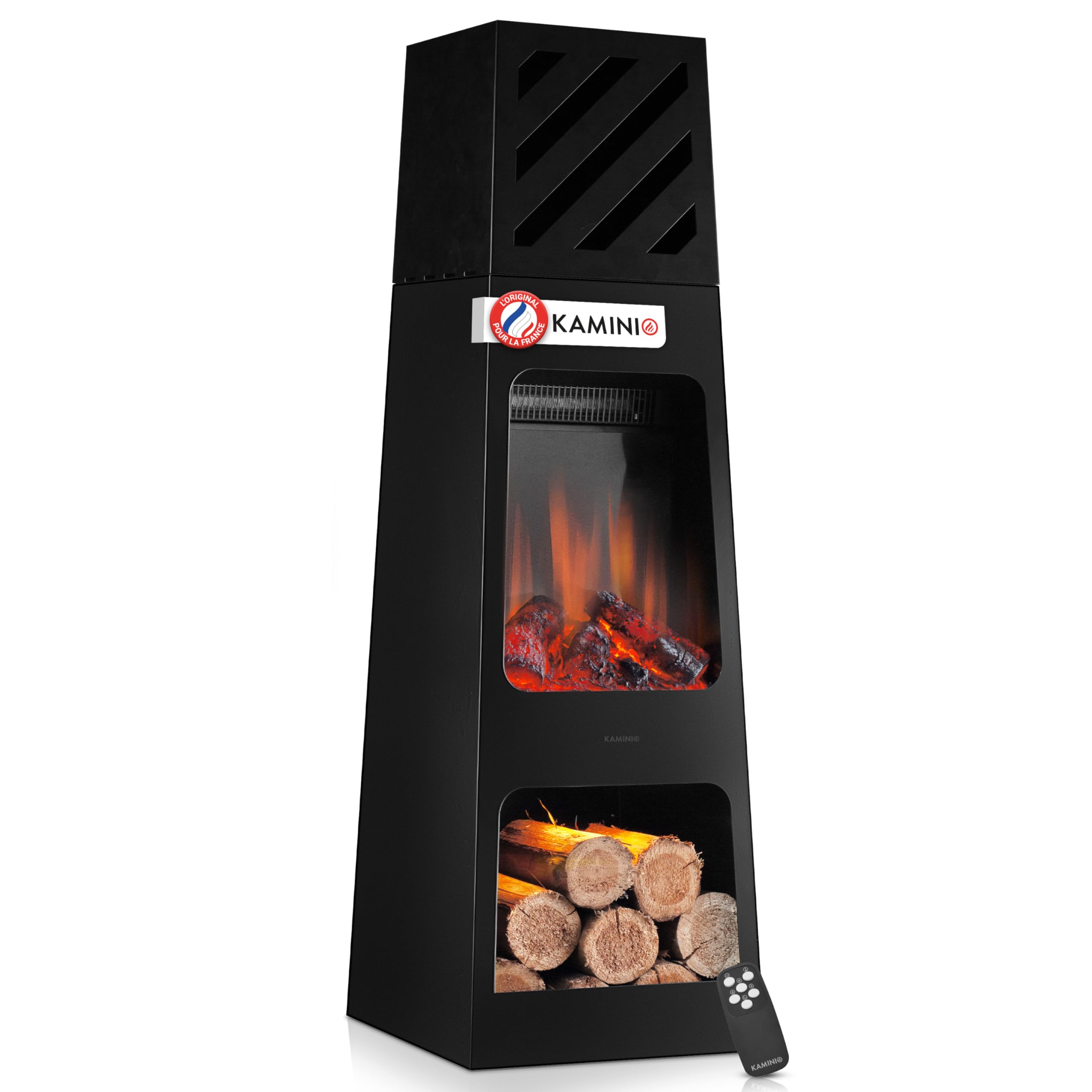 KAMINIO Cheminée électrique de Jardin Kai - Brasero électrique d'extérieur avec Chauffage, Effet de Flamme 3D, lumière d' Ambiance LED, casier à Bois, télécommande (X-Large)