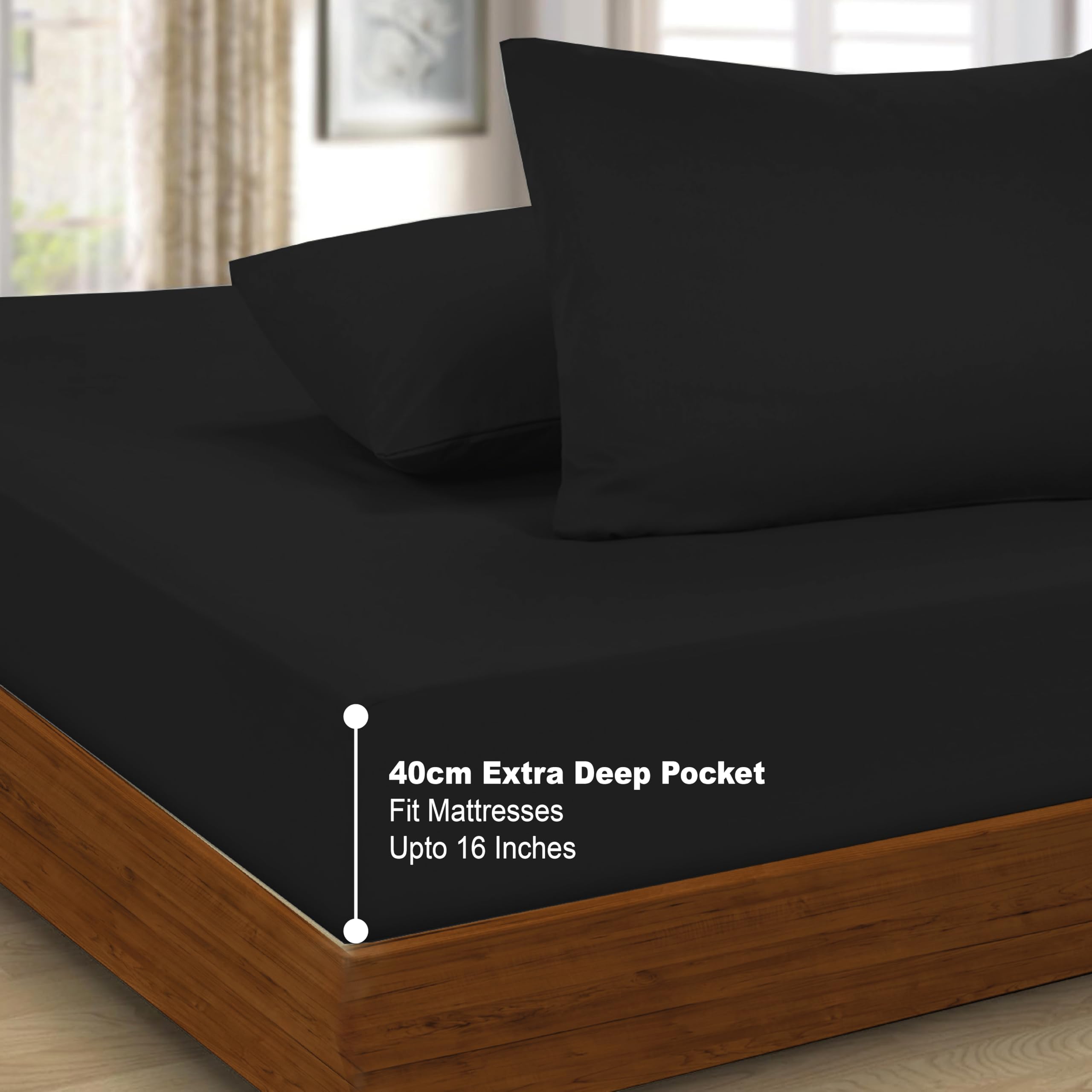 Funky Gadgets Double Fitted Sheets Black Extra Deep Pocket 16 Inch (40cm) 90 GSM Soft Brushed Microfiber Bed Sheets Easy Care Bottom Sheet (137 X 190cm) - Image 4