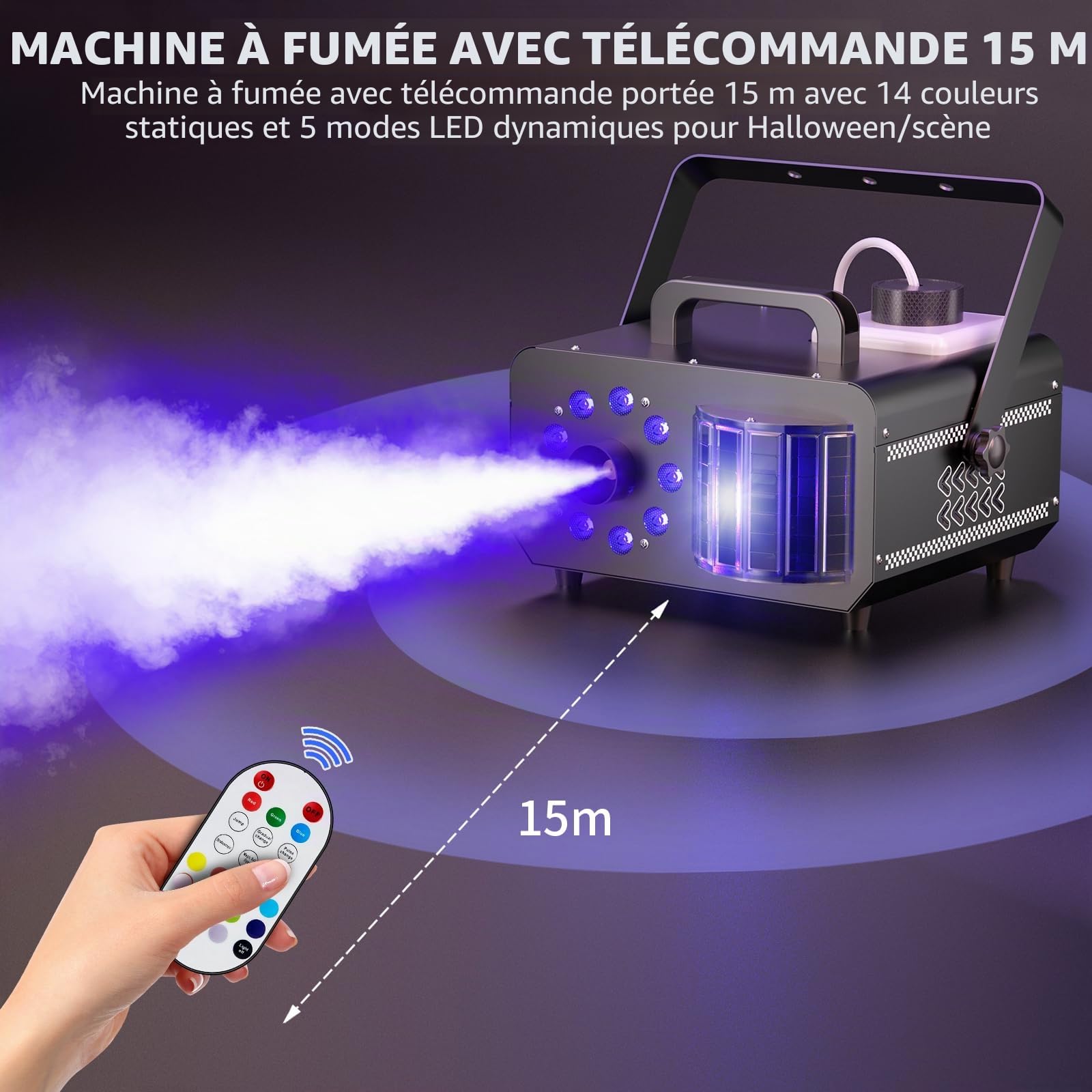 Machine à fumée, 1200 W 3000 CFM Machines à CO2 avec 9 LED RGB Derby et télécommande 14 couleurs statiques Machines à effets pour Halloween Disco DJ Stage Party Wedding (1 pièce)