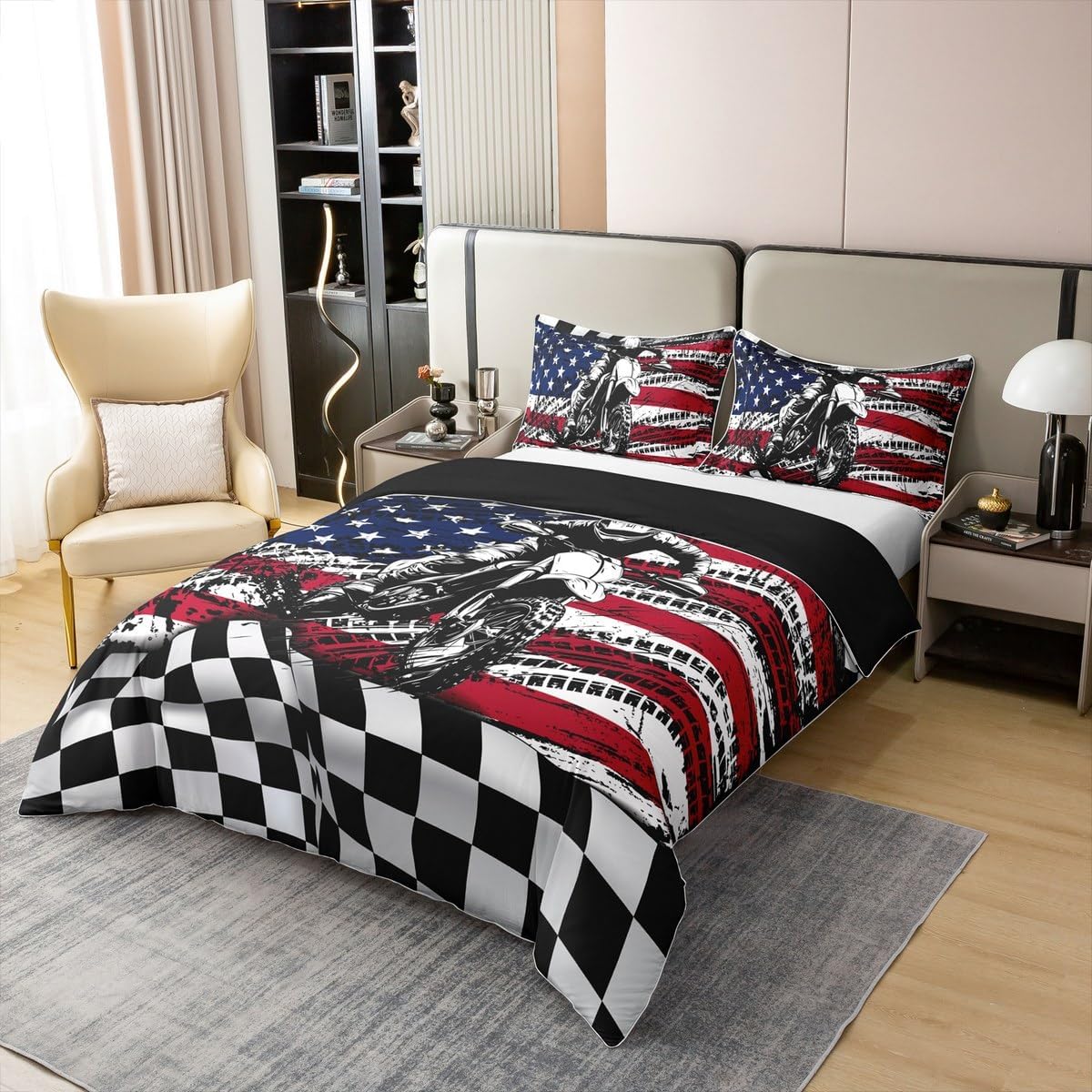 jejeloiu Dirt Bike 100% Cotton Duvet Cover Twin Size Kids Black White Checkered Comforter Cover Boys Girls Teens American Flag Bedding Set Breathable Racing Motocross Rider Bedroom Decor Bedclothes