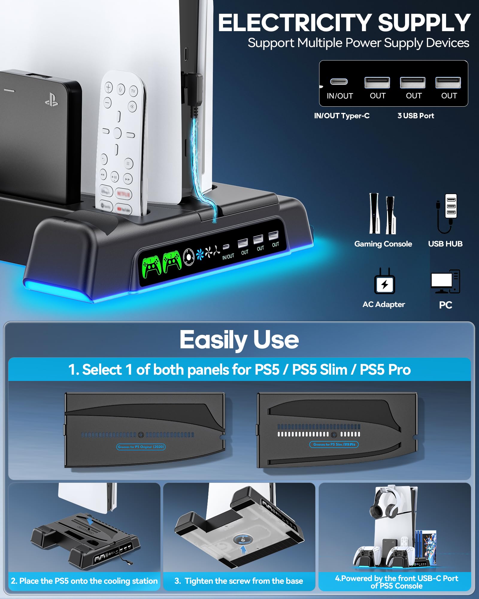 PS5/ Slim/Pro Stand for Disc & Digital Console, PS 5 Cooling Station with Dual Controller Charging Station for PlayStation 5 Console, 3-Level Fan PS5 Controller Charger Accessories Stand-Black thumbnail 10
