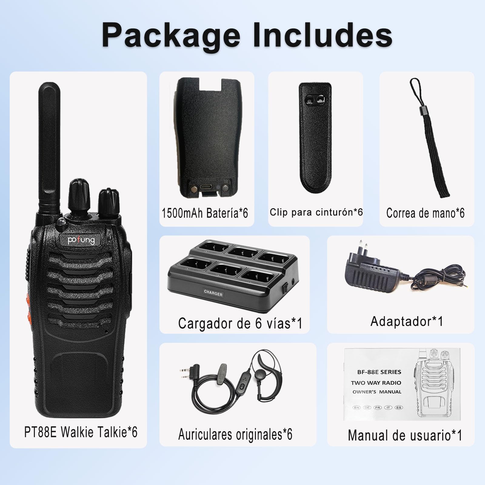Walkie Talkie PMR446 Licencia Libre Radiobidireccional,16 Canales Walkie Talkies 1500mAh Radio de Largo Alcance Profesional Walkie Talkie,con Cargador de 6 Vías y Auriculares (Negro, 6 Piezas)