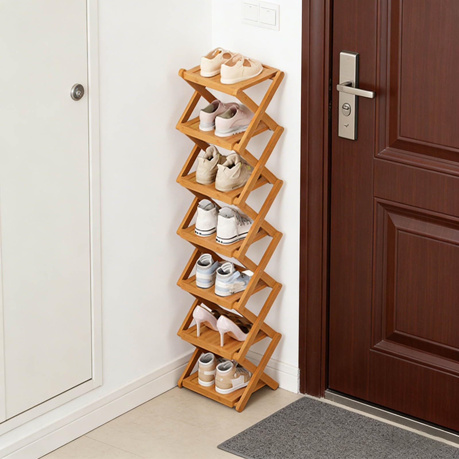 The 9-Tier No-Assembly Bamboo Rack, 2026 Upgraded Foldable 9 Tier Bamboo Corner Shoe Rack, Space-Saving Organizer for Shoes, No Assembly Narrow Shoe Shelf for Entryway Closet Dorm (Khaki-7 Layers)