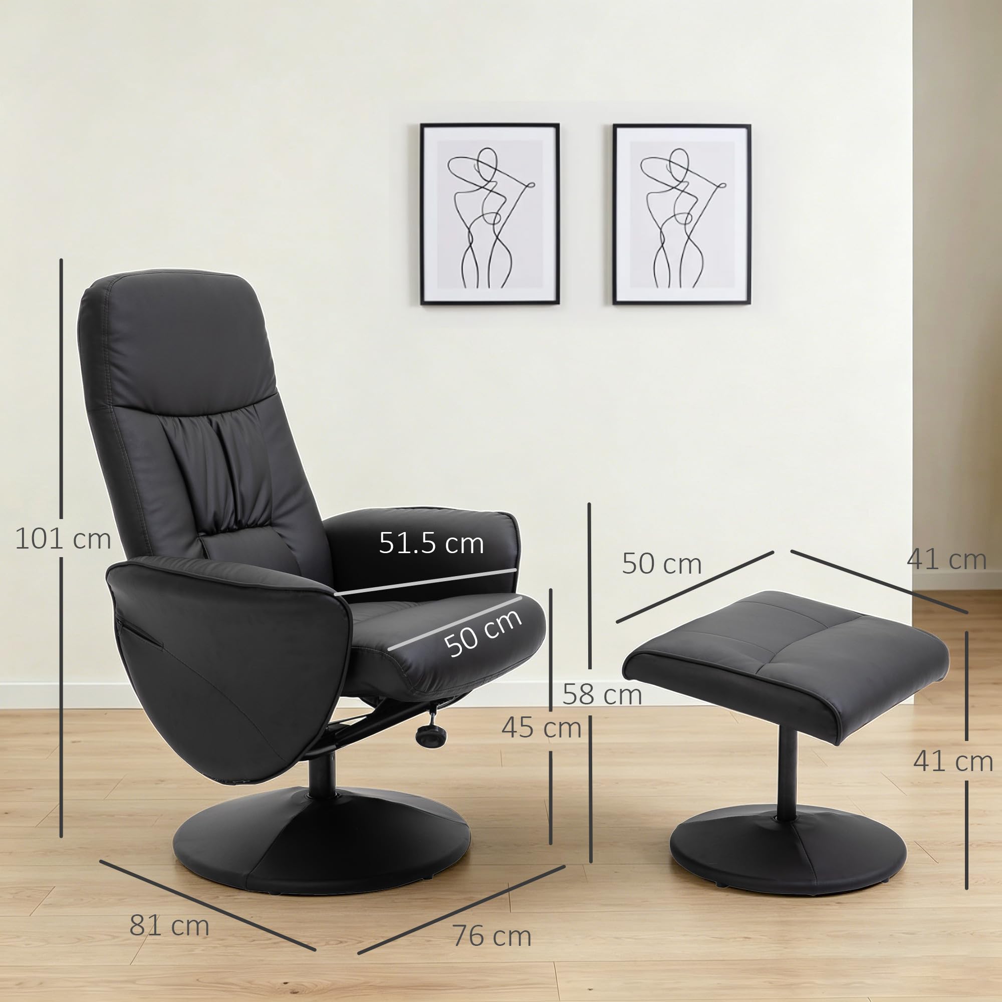 HOMCOM Poltrona Relax Girevole 360° con Pouf Poggiapiedi, Poltrona Reclinabile 145° Imbottita con Schienale Alto, Braccioli Svasati, in Finta Pelle, per Camera, Salotto, Soggiorno, Ufficio, Nero