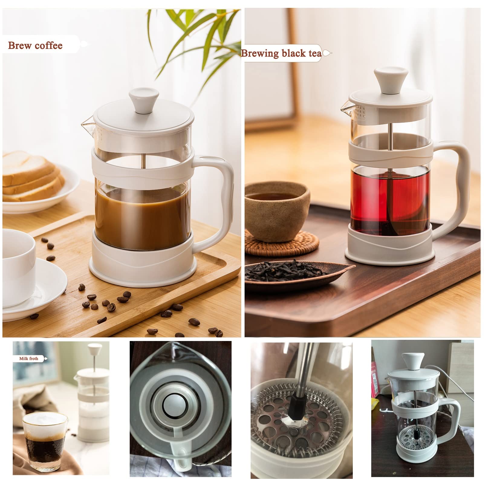 Cafetera Émbolo, Cafetera De Piston De Vidrio De Borosilicato Espesado Resistente Al Calor Con Sistema Filtración De 3 Niveles, Recipiente Extraíble Para Una Fácil Limpieza, Apta Para Camping, Prensa