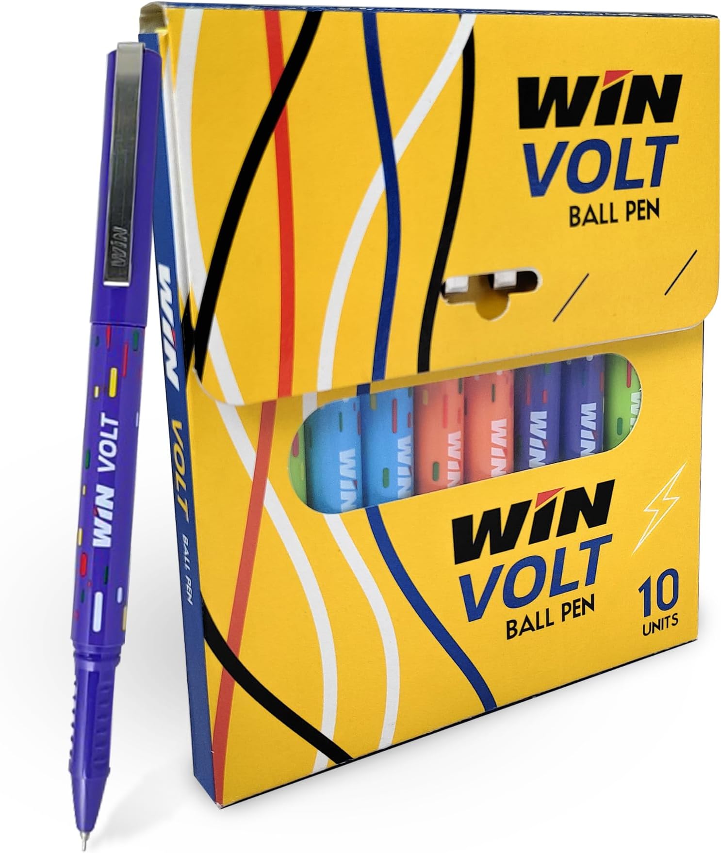 WIN Volt Ball Pens | 10 Blue Ink Pens | Playful Body Colours | 0.7 mm Metal Tip | Smooth Writing | Comfortable Grip | Office Stationery | Pens for Students | Best Pens for Exams | Stick Pen Set
