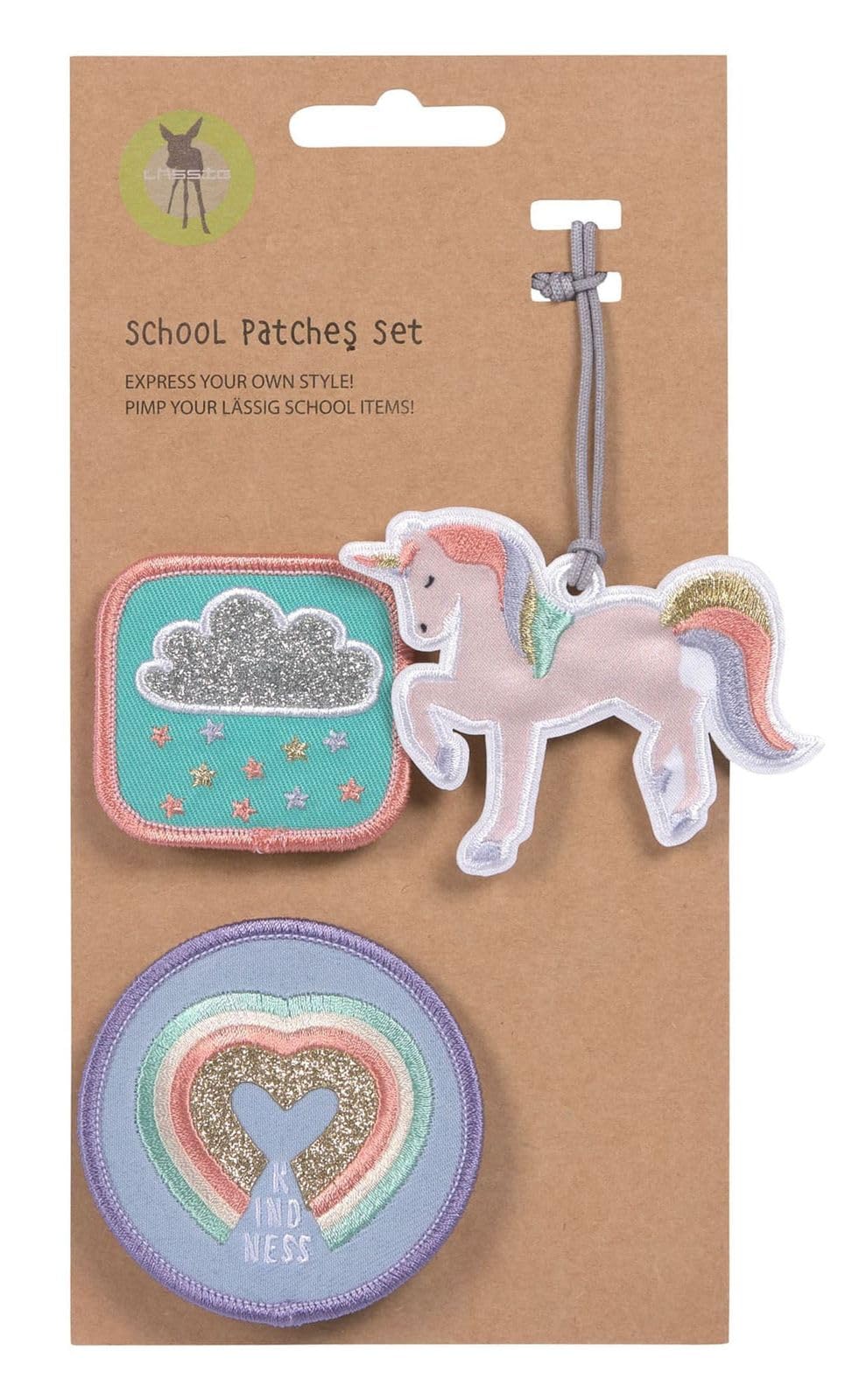 LÄSSIG Anhänger- und Patch-Set (3 Stück) – Druckknopf, Unicorn Glitter