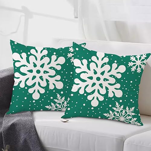 Miniatura 3 de Juego de 2 fundas de almohada verdes de Navidad de 18 x 18 pulgadas, juego de 2 fundas cuadradas de lino con copos de nieve para decoración de