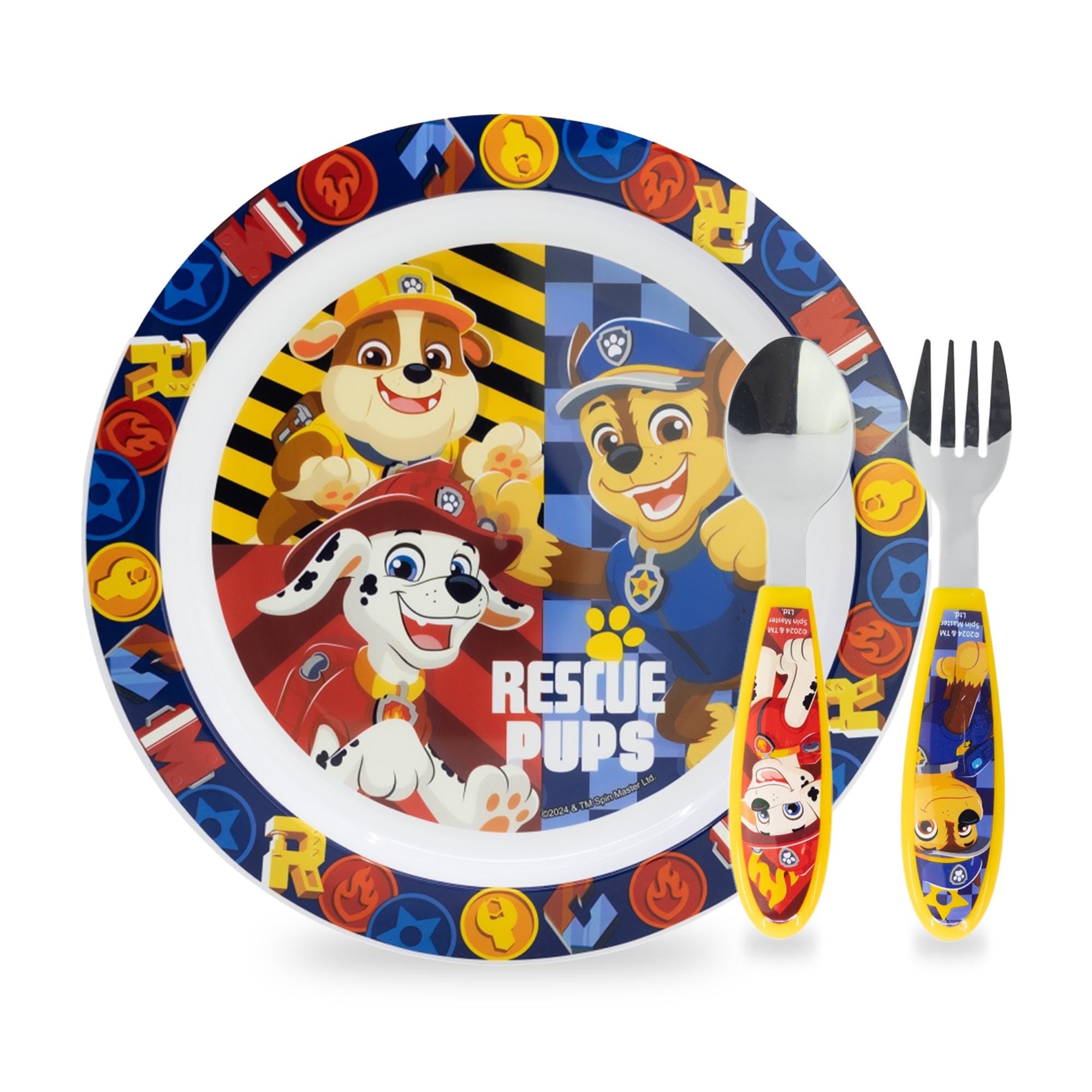Set Stoviglie riutilizzabili per Bambini Andata per Microonde Marshall, Piatti Plastica Asilo, Scoula, Set Stoviglie piatto, posate in acciaio inox, Paw-Patrol