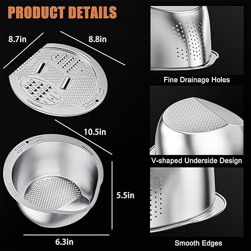 Miniatura 6 de ESOW Juego de coladores de acero inoxidable, cuenco colador para lavadora de arroz con rallador, multiuso para almacenamiento de alimentos, drenaje