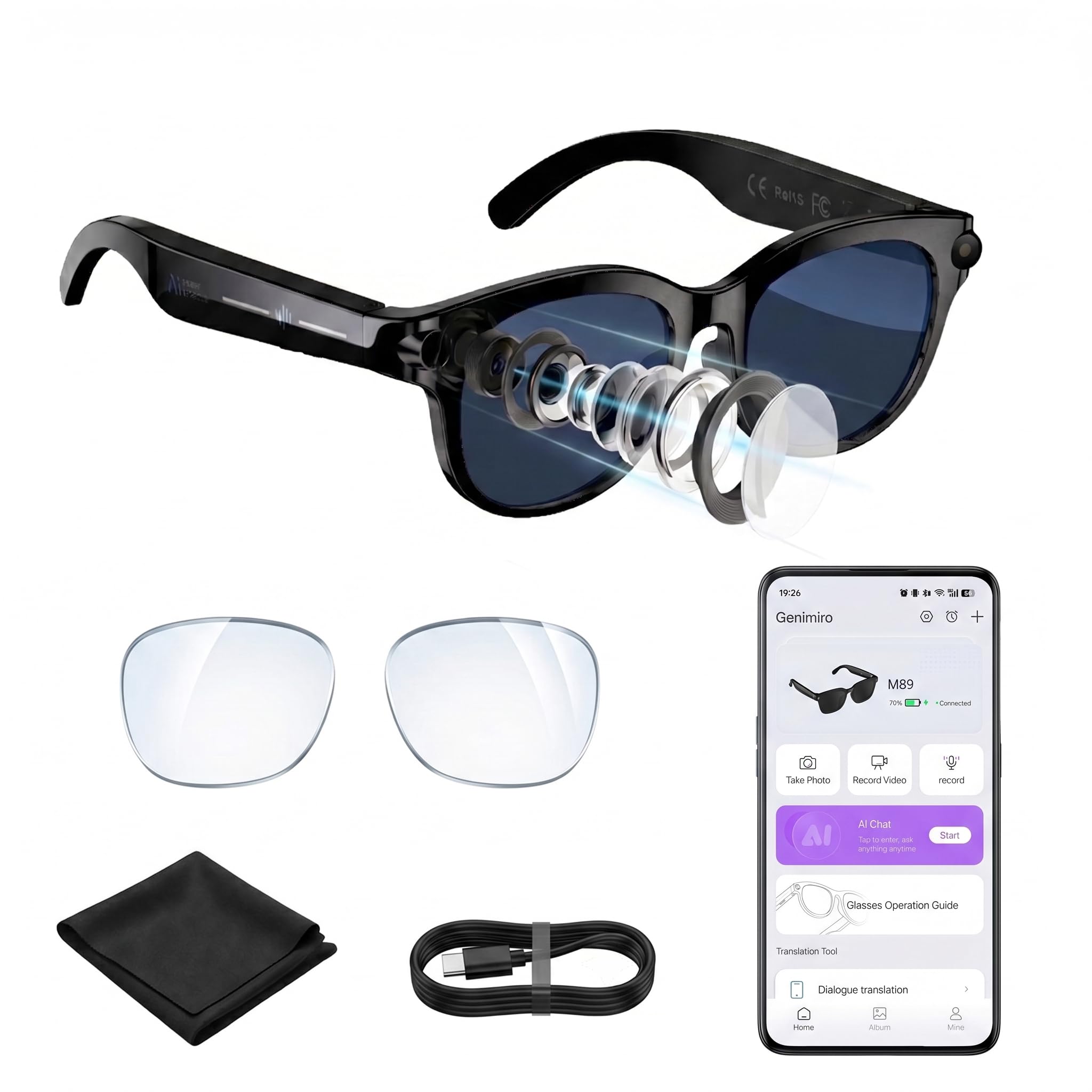 Versione aggiornata degli occhiali AI con fotocamera da 8MP, video HD 1200P e registrazione fotografica 4K, traduzione in tempo reale, assistente vocale ChatGPT KI, audio open ear, rilevamento oggetti