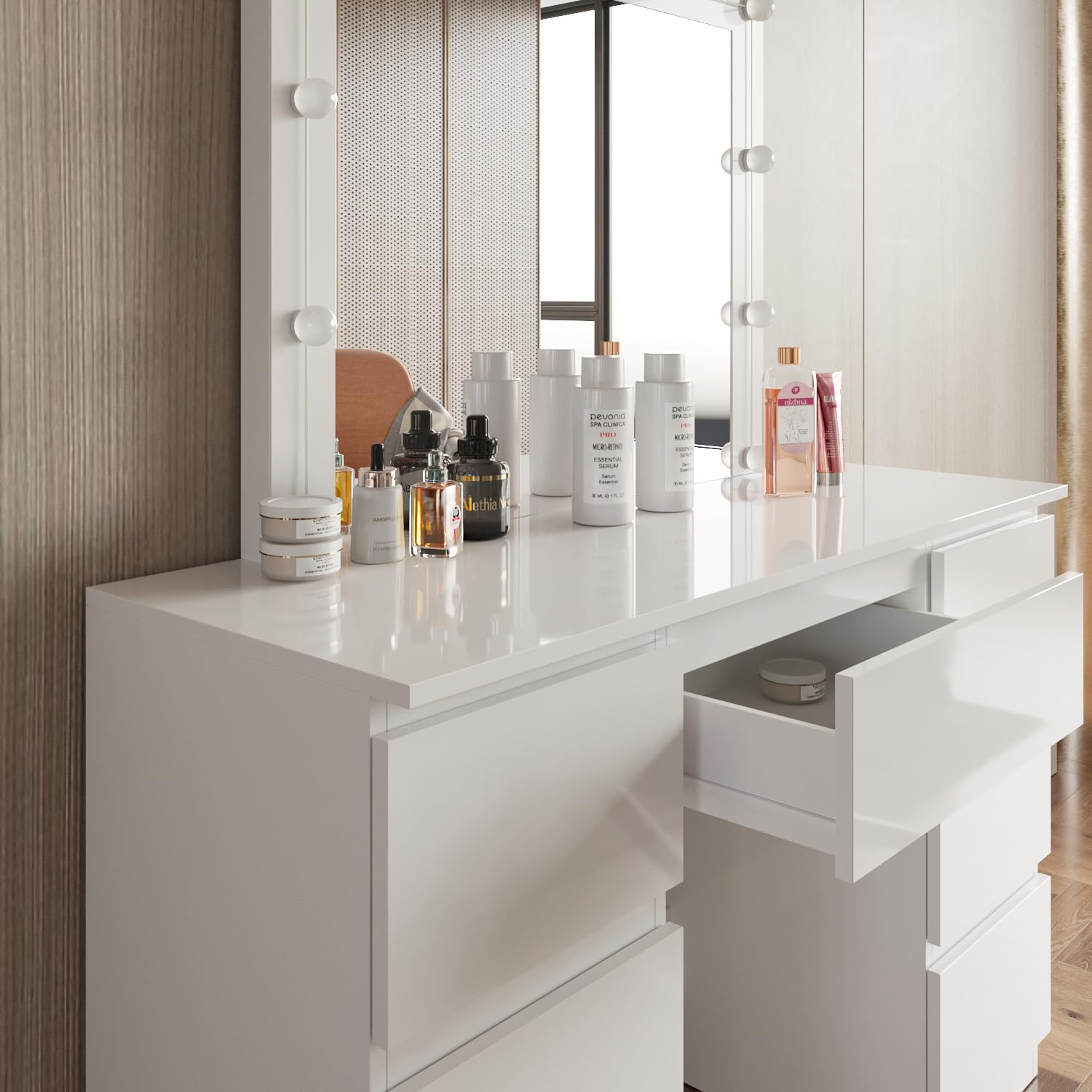 Arreditaly Toeletta Tavolino Da Trucco Tavolo Con 10 Luci LED Luminosità Regolabile Specchio Orizzontale Con 7 Cassetti Postazione Make Up In Legno Design Moderno 39.5 x 110 x 140.5 Cm Bianco
