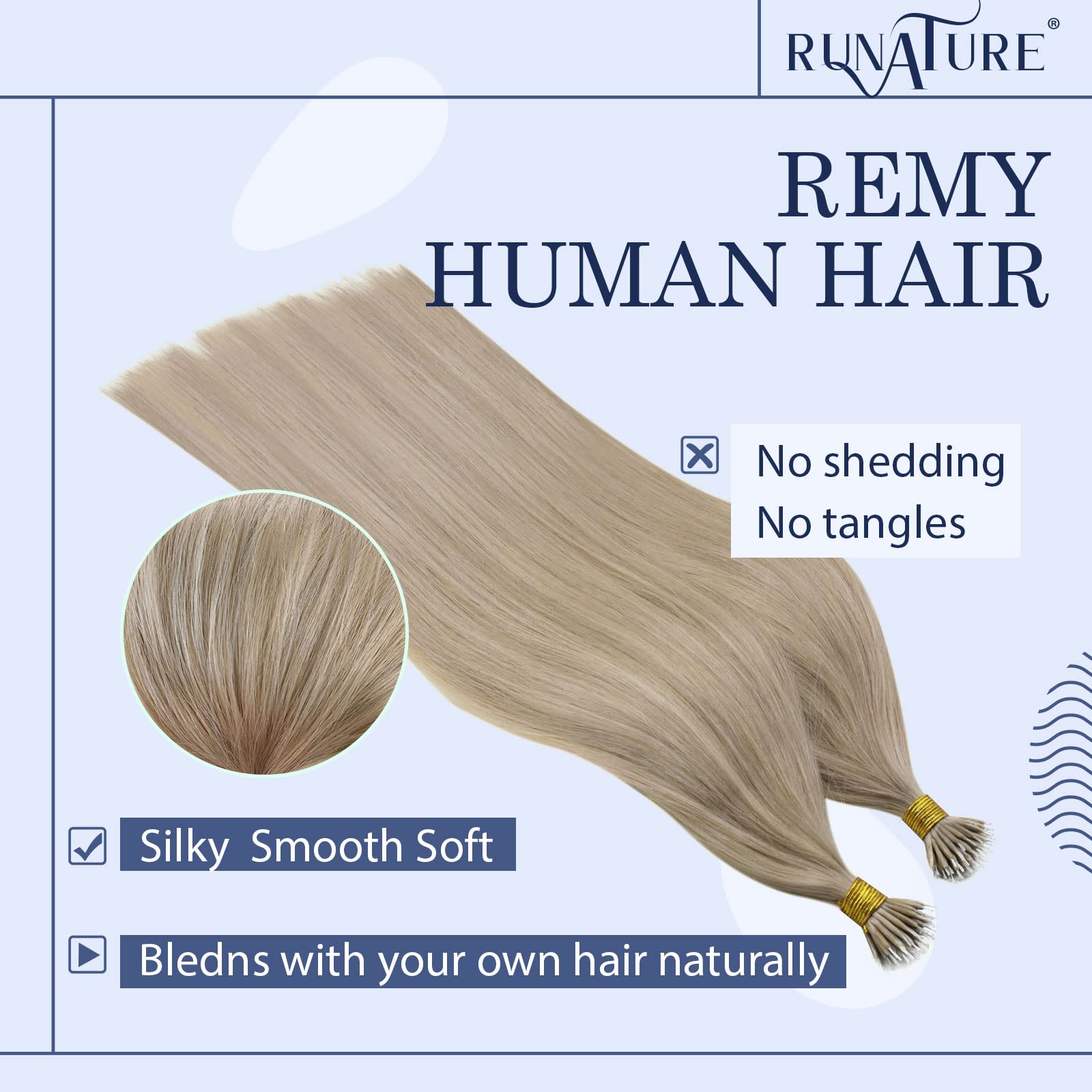 RUNATURE Nano Hair Extensions Real Human Hair Blonde Nano Beads Hair Extensions Highlight Light Brown with Ashy Blonde Invisible Nano Ring Straight Remy Hair 50s 12 Inch #16P22 - Image 2