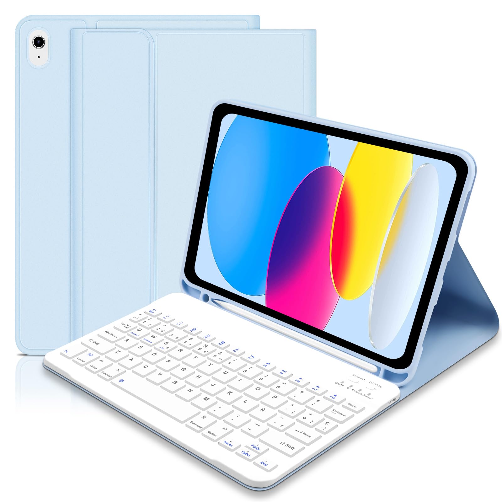 Lielax Case with Keyboard for iPad A16 11th/10th Generation (10.9 Inch 2022/11 Inch A16 2025), Bluetooth Wireless Detachable Spanish Ñ Keyboard for iPad 10/11 Gen, Blue