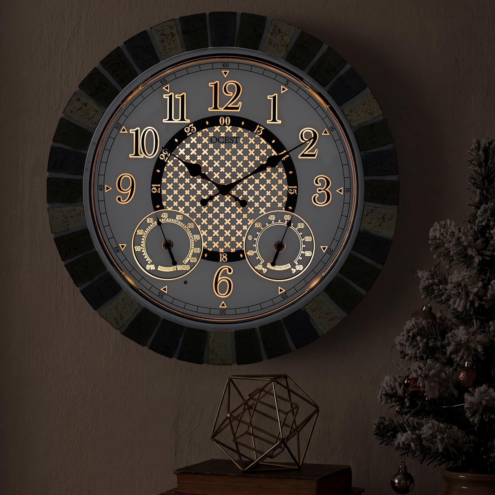 OCEST Reloj grande de 18 pulgadas para exteriores, impermeable, termómetro, higrómetro, luz nocturna, relojes de pared iluminados, funciona con pilas, silencioso, sin tictac, ideal para patio, jardín