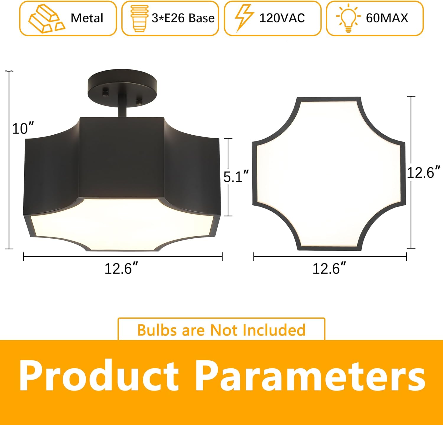 Modern Black 3-Light Ceiling Light Fixture, 12.6'' Metal Industrial Semi Flush Mount Close to Ceiling Light, Farmhouse Light Fixtures Ceiling Mount, Geometry Chandelier for Kitchen, Hallway