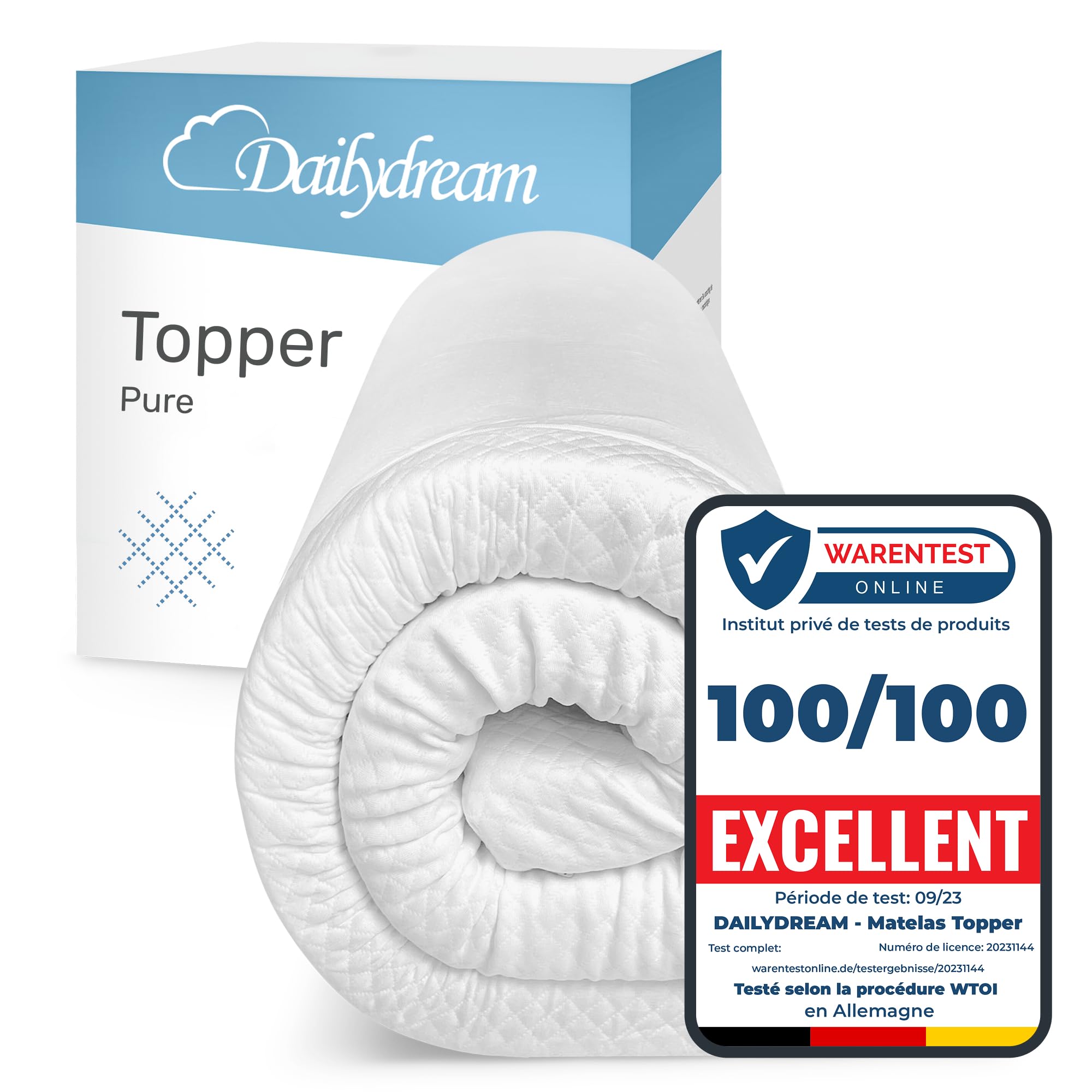Surmatelas Dailydream 140 x 190 cm | Mousse à mémoire de Forme | 5 cm d'épaisseur | Édition Pure, modèle M |Ergonomique pour Matelas inconfortables, sommiers tapissiers et Lits d'appoint