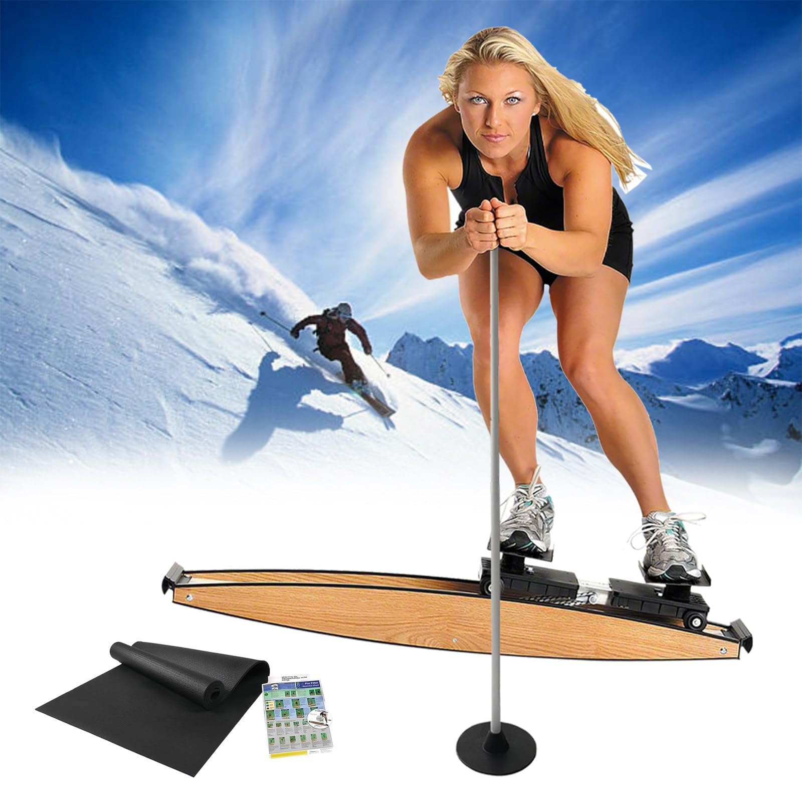 Skimaschine,Ski-Trainingsgerät für zu Hause,Skitrainer mit Skistöcken, Indoor-Ski-Trainings-Simulator, Ganzkörpertraining, Einstellbarer Widerstand, 150 kg Kapazität, für Hockey, Eislaufen