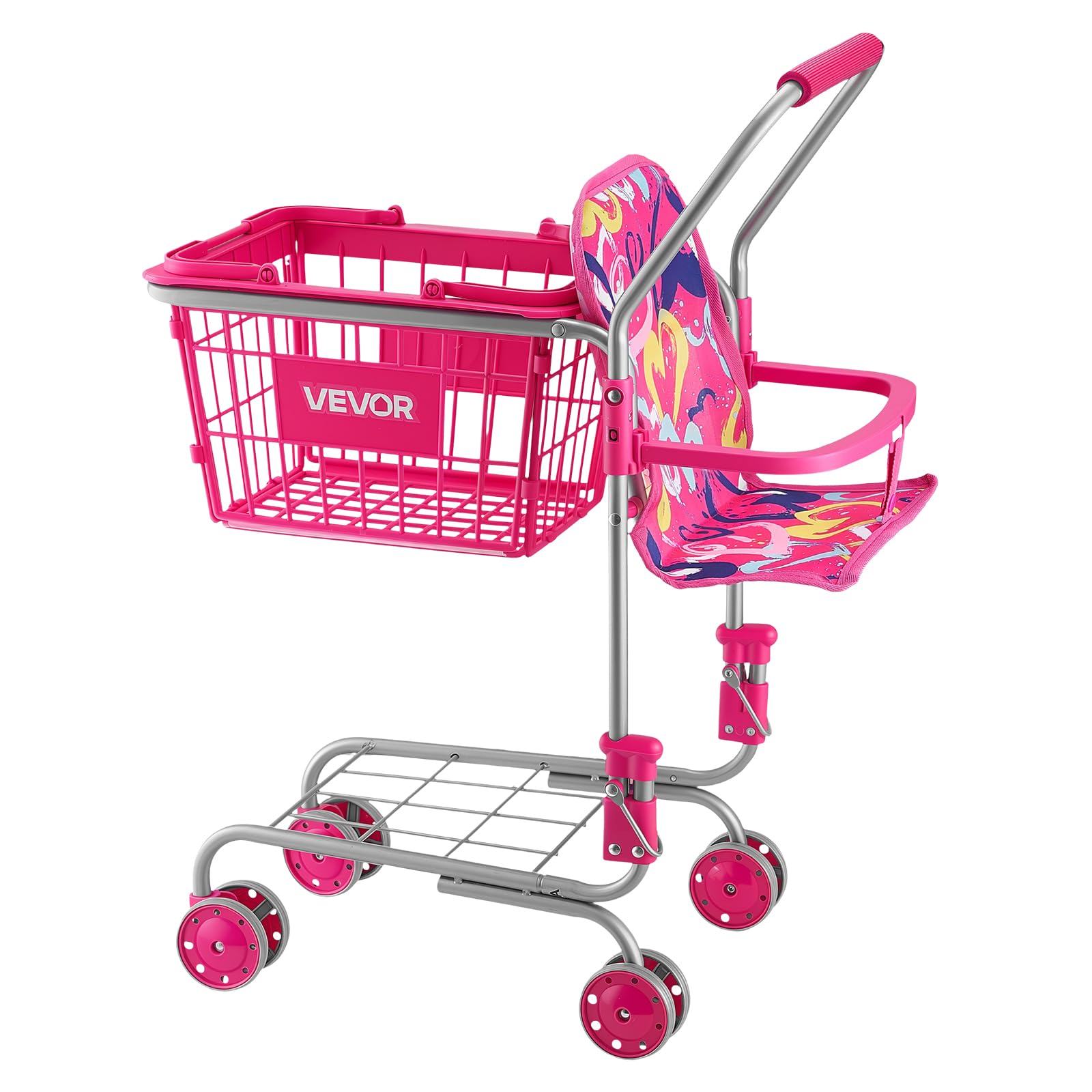 VEVOR Carrello della Spesa Giocattolo per Bambini dai 3 Anni, Carrello Supermercato Giocattolo, Telaio Robusto in Metallo, Sedile per Bambole, 4 Ruote Scorrevoli, Cestino a Rete, Facile da Riporre