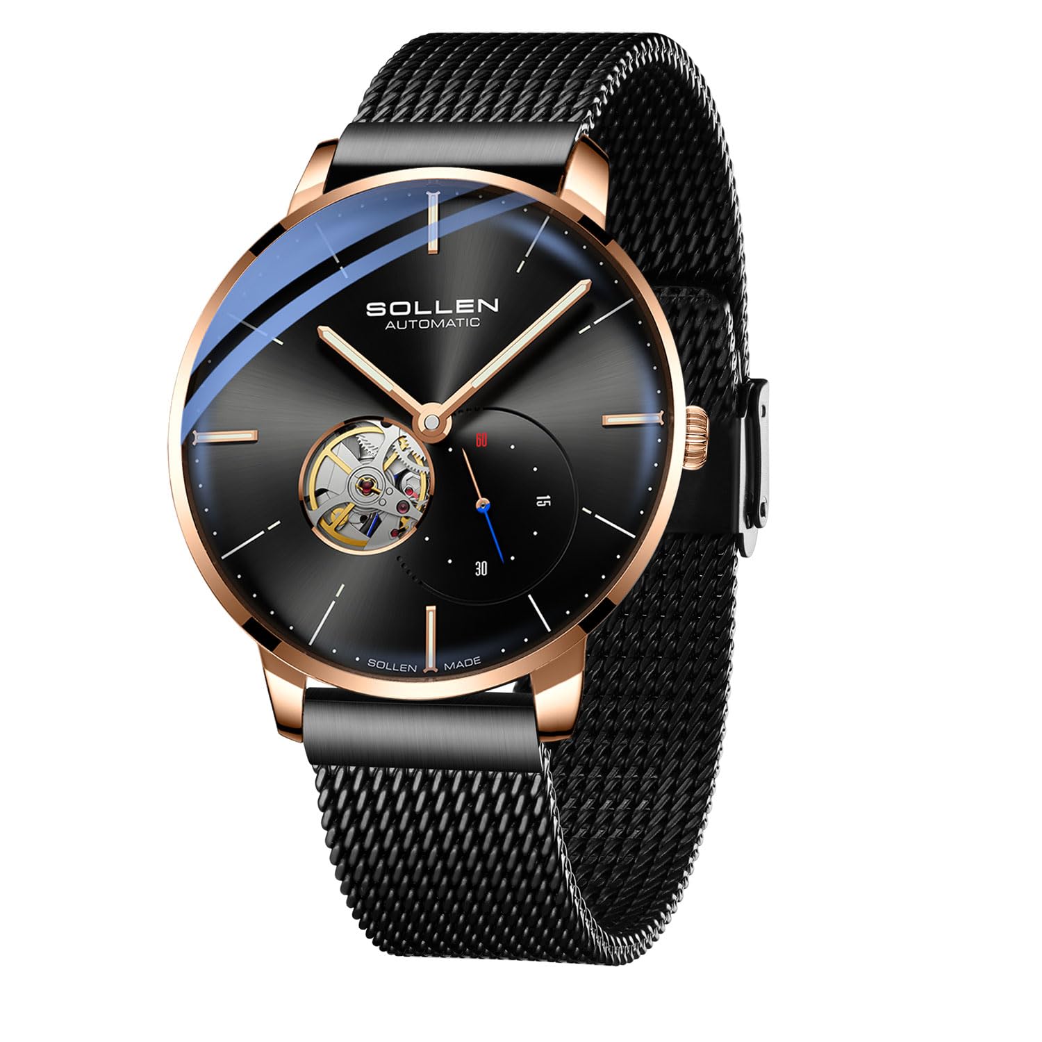 SOLLEN Mens Black Automatic Watch - Minimalist & Slim, 3 ATM Waterproof Mens Wrist Watches with Luminous Function - 42mm, Black Cae, Casual (B0CTBMCT2T) Amazon Price History, Amazon Price Tracker
