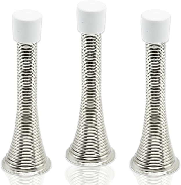3X Wall Mounted Chrome Spring Door Stop Sprung Stopper Skirting Board Buffer with 3X Replacement Rubber tip