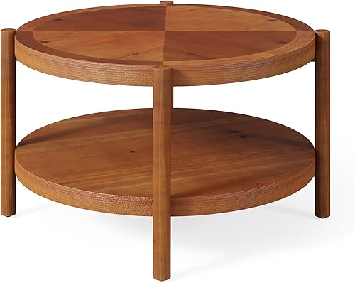 Miniatura 9 de LITTLE TREE Mesa de centro vintage de madera maciza, mesa auxiliar redonda de 31.5 pulgadas para sala de estar, mesa central clásica de 2 niveles