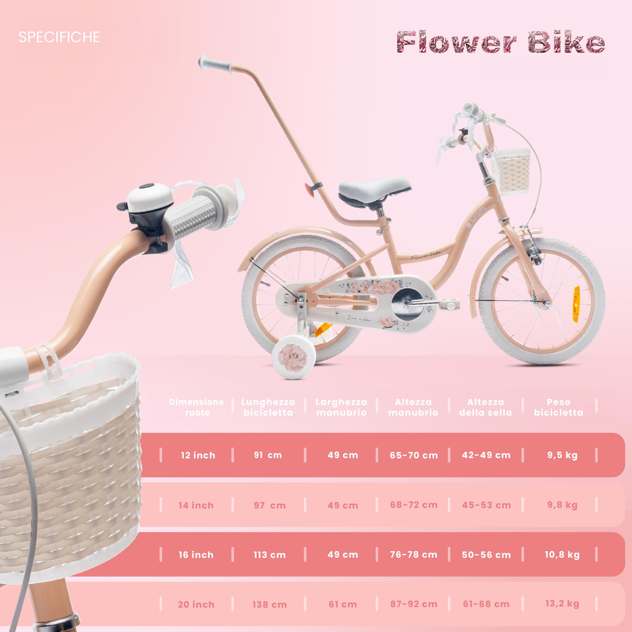 sun baby Flower Bike Bici bambina 12/14/16 pollici, bicicletta per bambini con rotelle, barra di spinta, cestino, campanello, freno contropedale e V-Brake