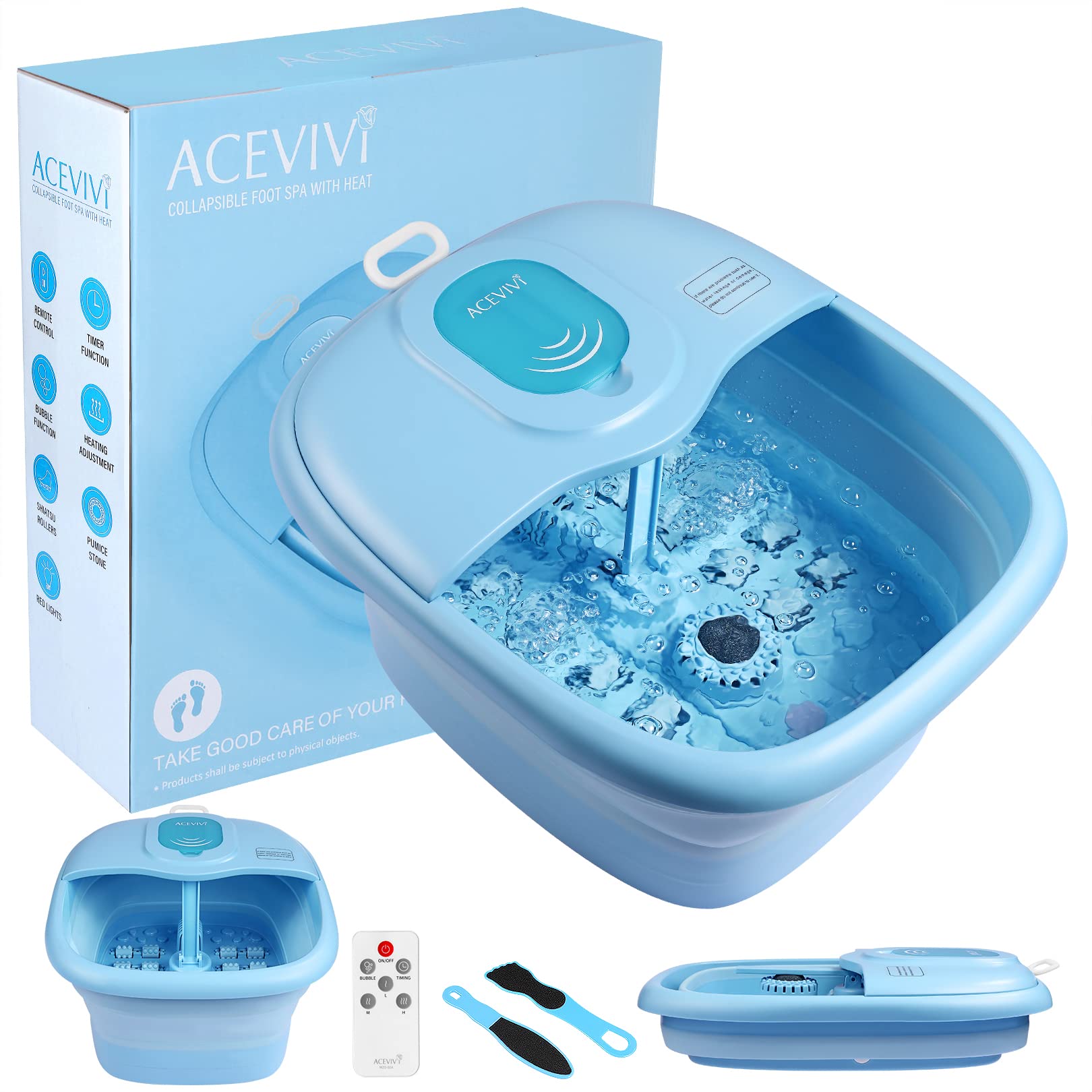 Photo 1 of ACEVIVI Collapsible Foot Bath Spa with Heat and Bubble Massage, Pumice Stone, Collapsible Pedicure Foot Soaker Tub Home Basin Remote Control Light Blue