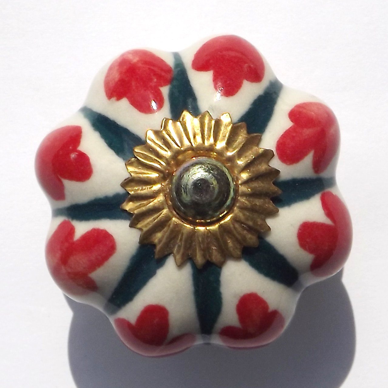 White Flower with Green Star and red Foliage (Brass Fittings) Ceramic Cupboard Door knobs Drawer pulls Shabby Chic Handle Porcelain