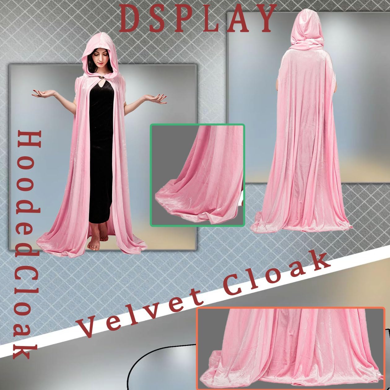 DSplay Women's Full Length Hooded Long Velvet Cape (Pink)