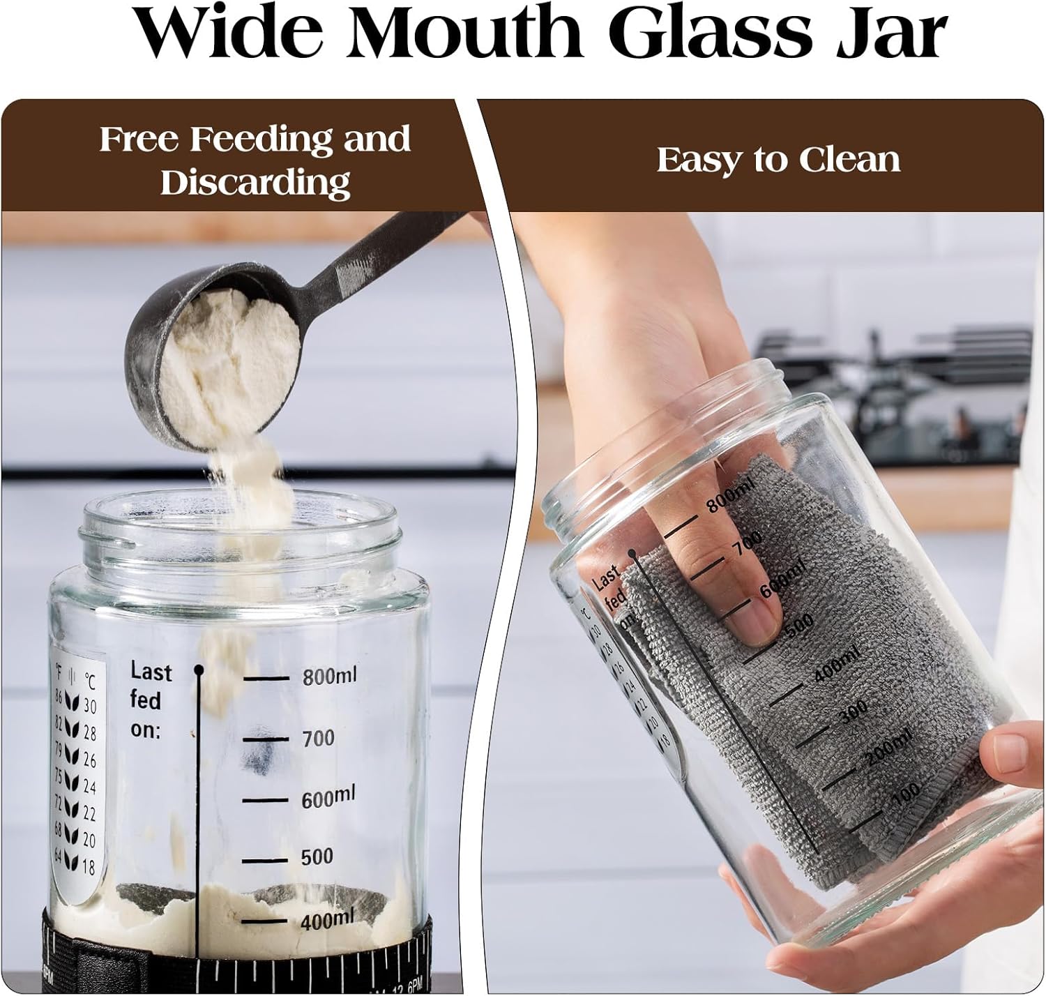 Sourdough Starter Kit,34oz Sourdough Starter Jar Glass with Sourdough Recipes Cookbook.Sourdough Bread Baking Supplies with Thermometer,Natural Wooden Lid, Anti-slip Mat,Sourdough Jar scraper (2 pack) - Image 3