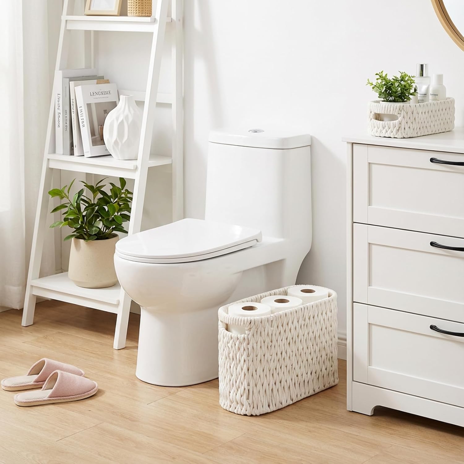 Boho Toilet Paper Storage Baskets, Cotton Rope Woven Bathroom Basket Set of 2, Standing Toilet Paper Holder for 6 Mega Rolls,Storage Bins for Toilet Tank Top, Bathroom Organizer Decor (White 2 Pack)