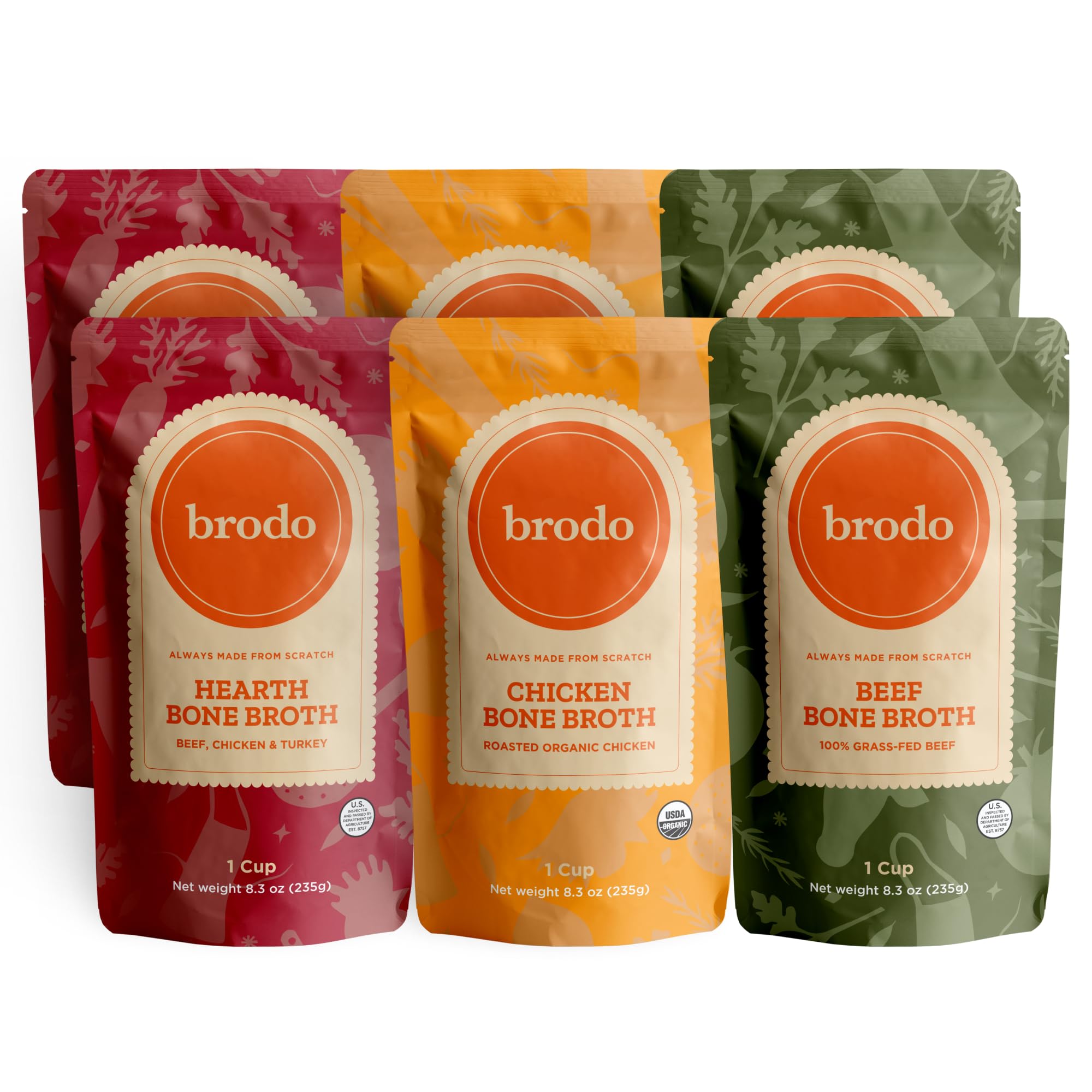 Brodo Classic Variety Pack with Collagen & Protein, Includes Organic Chicken, 100% Grass-Fed Beef, & Hearth Bone Broths for Sipping & Cooking, Nutrient-Dense & Slow-Simmered for Deep Flavor (6x 8.3oz)