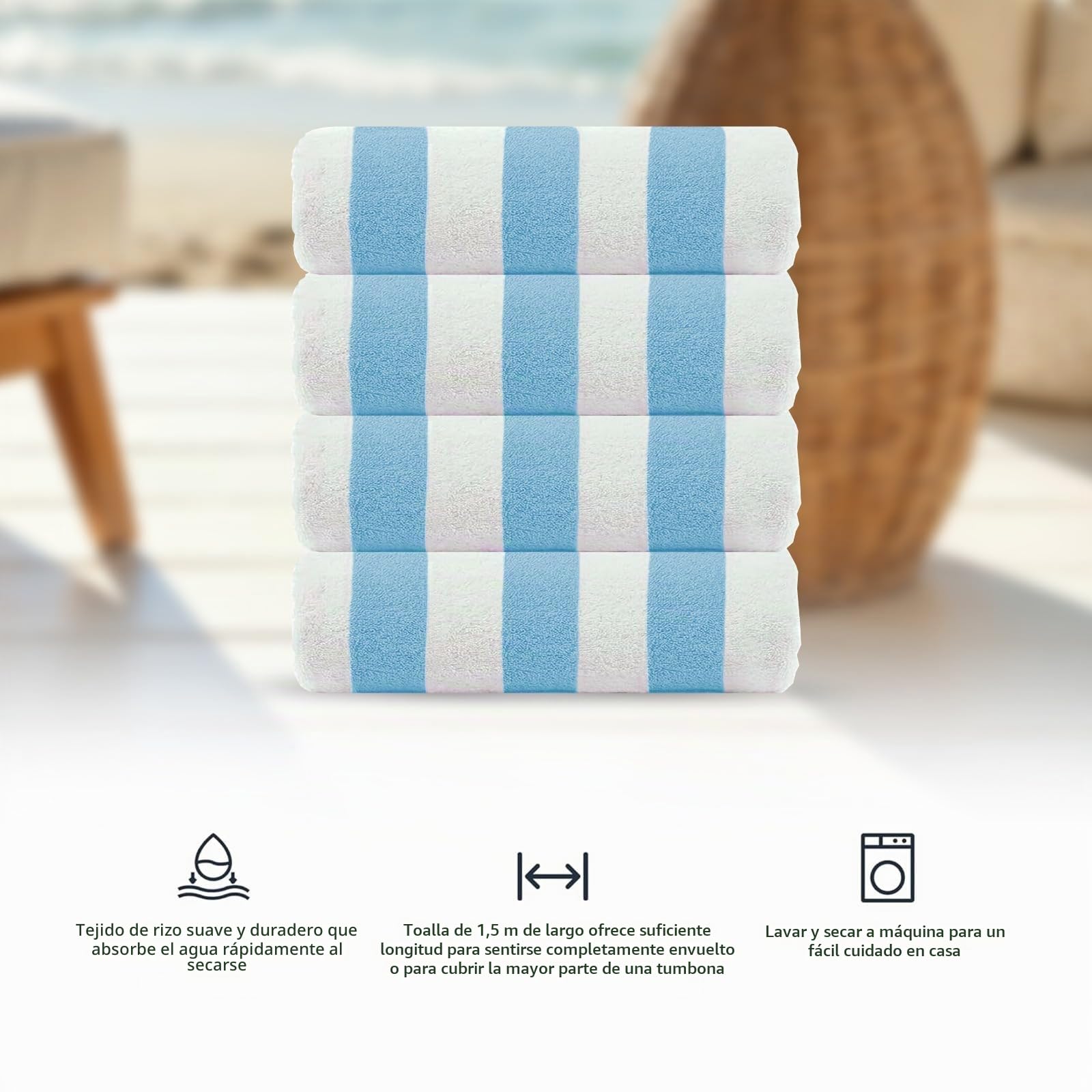 Casa Copenhagen Set Regalo 4 Toallas Playa algodón, 75x150cm, Azul bebé | Cabana – Toalla de piscina grande de 100 % algodón egipcio – 150 x 75 cm (set de regalo para mujer y hombre)