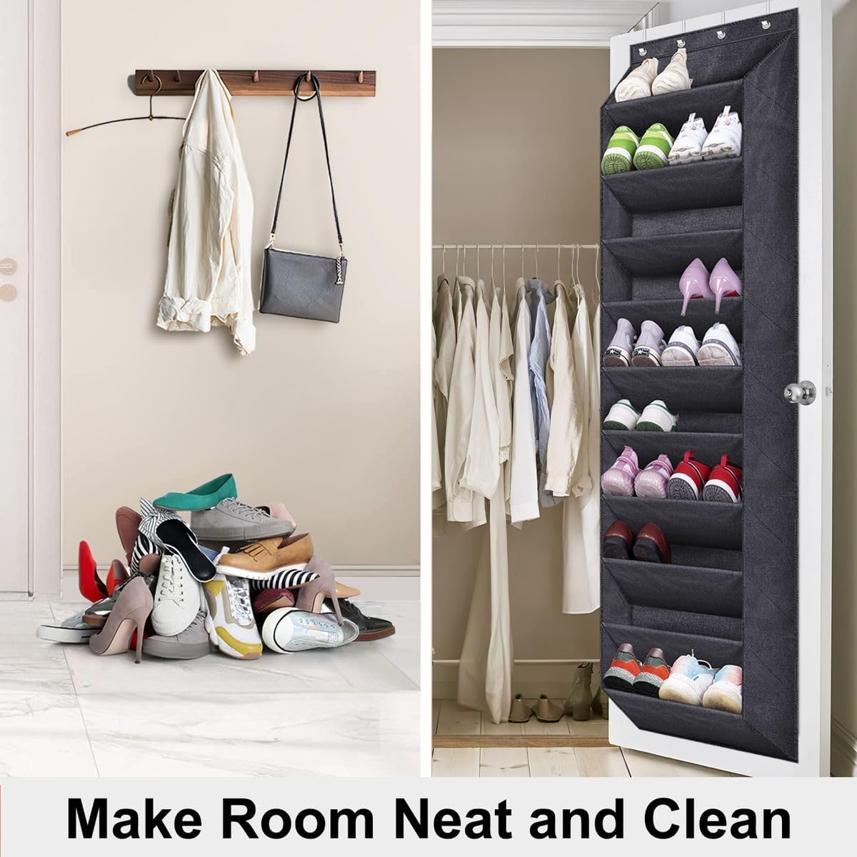SLEEPING LAMB Over The Door Shoe Organizer for Closet with Large Deep Pockets, Narrow Shoe Rack for Door Hanging Boots Storage, Black
