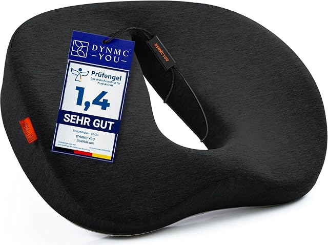 DYNMC Ergonomiczny pierścień na kość ogonową - wygodna poduszka z pianki z pamięcią kształtu, stabilna wymiarowo, idealna twardość - poduszka Premium na kość ogonową - poduszka do Black