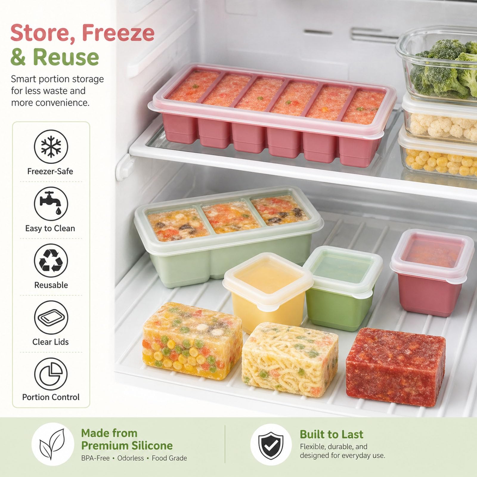 6 Pezzi Stampo Cubetti Riutilizzabili in Silicone Coperchio Set 4×125 ml Porzioni Singole, 3×125 ml Multiforma & 6×100 ml Contenitori Congelamento, Senza BPA per Alimenti Liquidi Zuppe