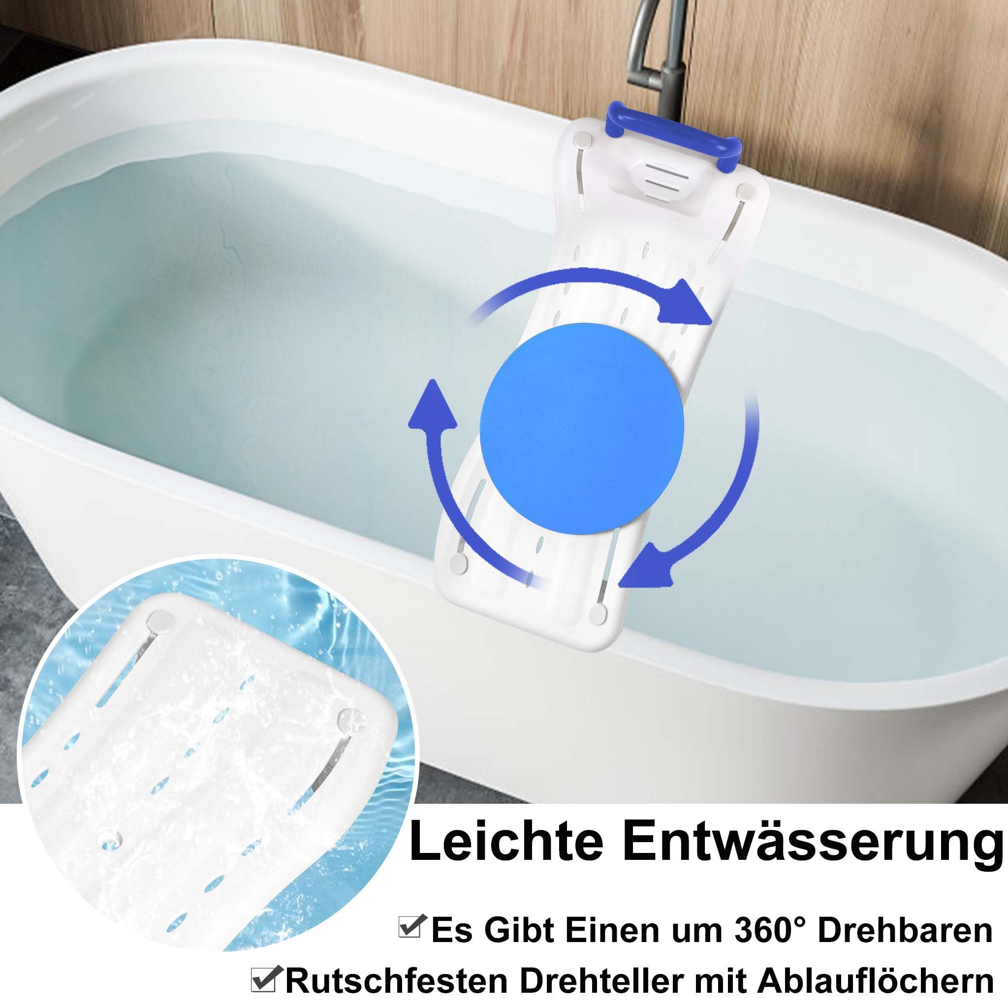 Aufun Planche de bain d'environ 75 cm de long, siège de baignoire pour adultes et personnes âgées, avec porte-savon, plaque tournante et poignée, chaise pour salle de bain (poignée bleue)