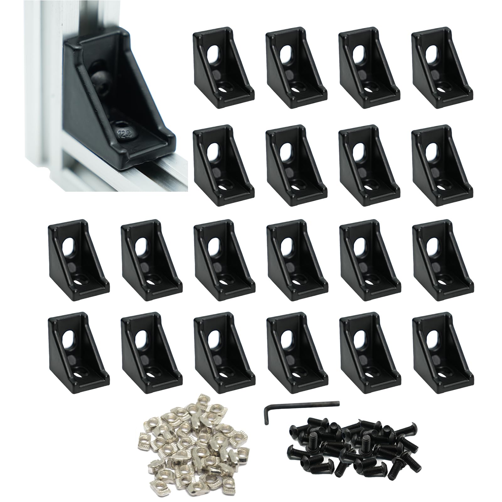 Iverntech Schwarz 20Pcs Black Aluminum Corner Bracket Connector Inside Joint Plate Fastener With 40Pcs M5 T Nuts+40 Pcs M5 Screw+1Pcs Wrench For Standard 6Mm Slot 2020 Series Aluminum Extrusion Profile