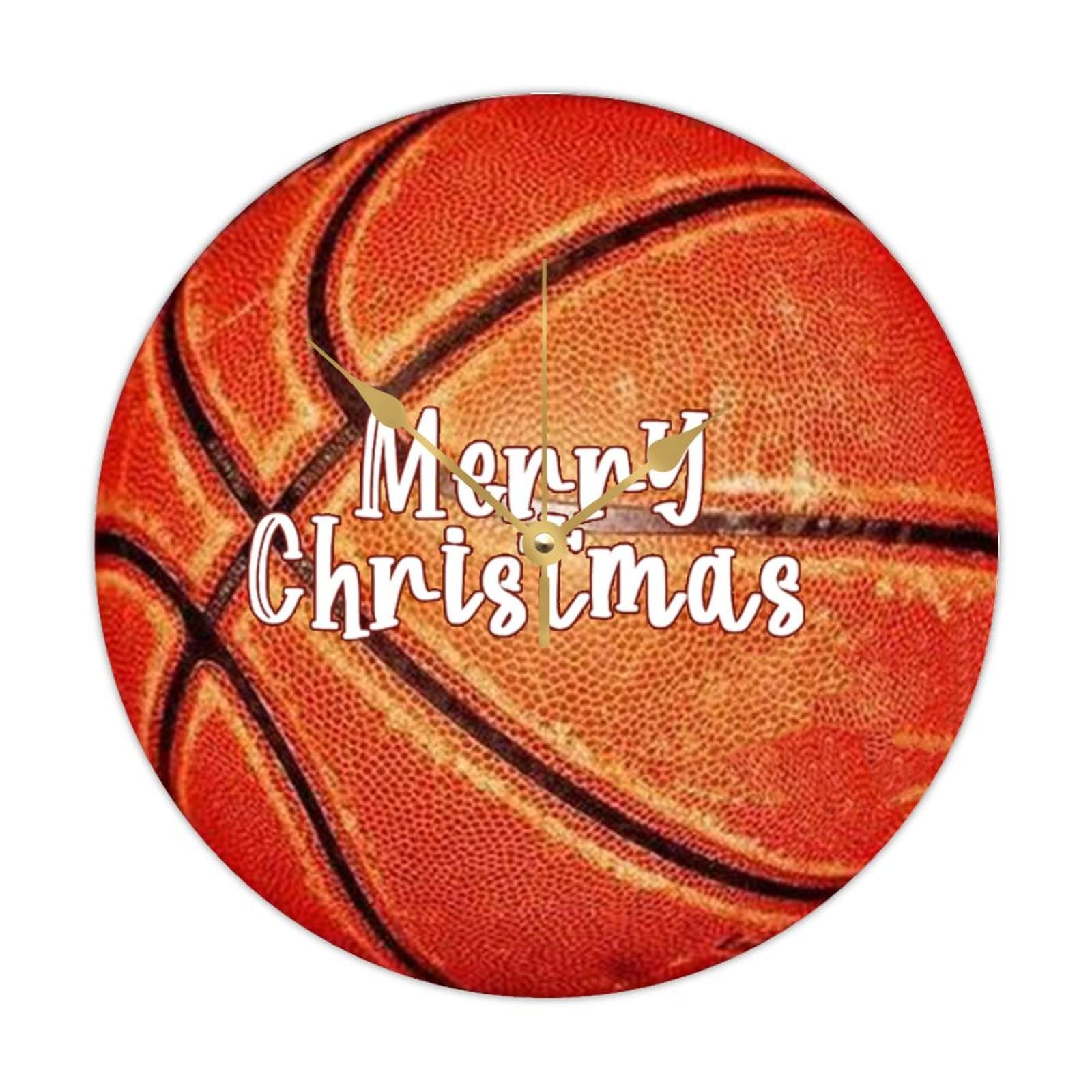 Horloge de Noël Merry Christmas Basketball en bois, grand format 38cm pour cadeau sport