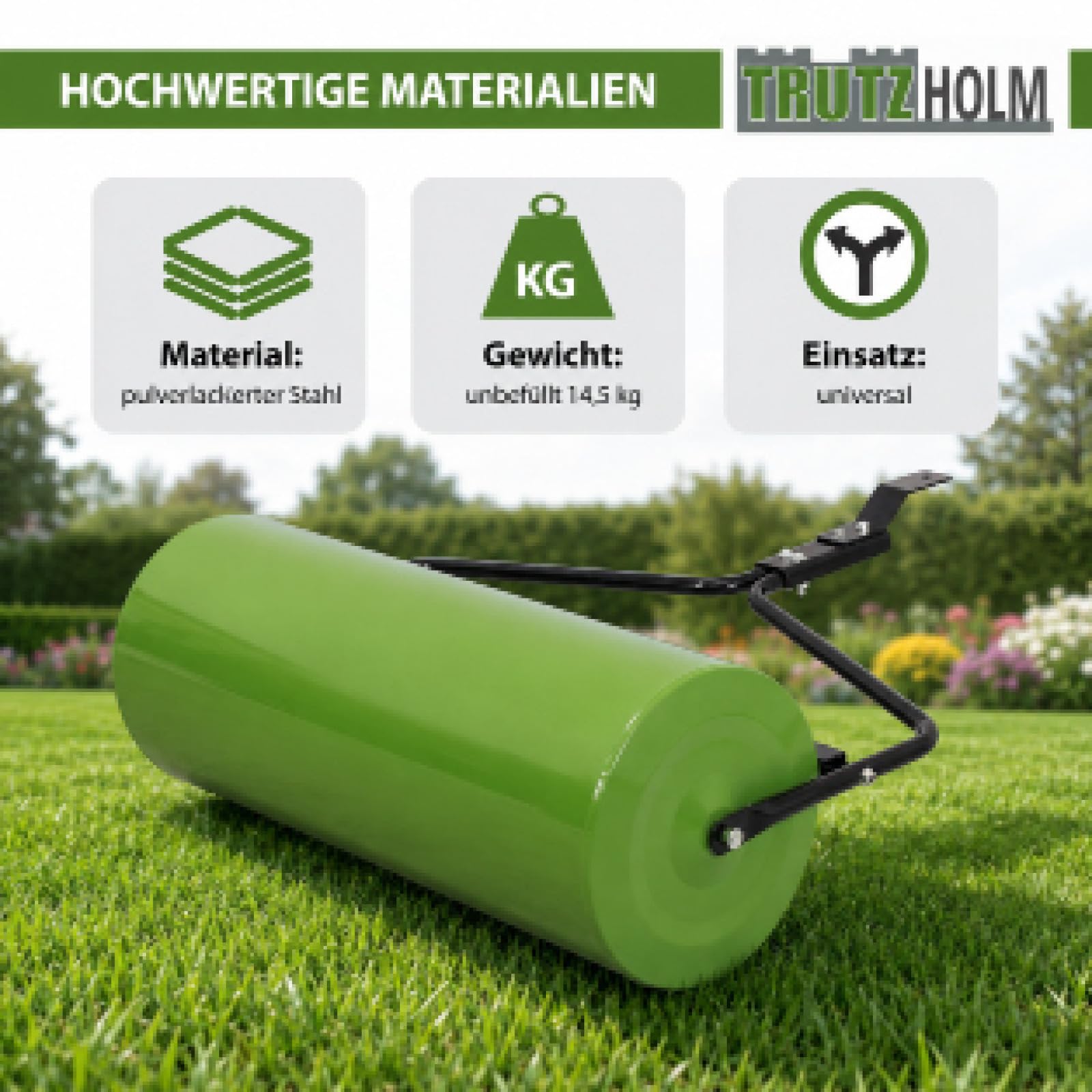TRUTZHOLM Rasenwalze 97 cm für Rasentraktor ATV befüllbar Wasser oder Sand bis 95 L Schmutzabweiser Gartenwalze Ackerwalze