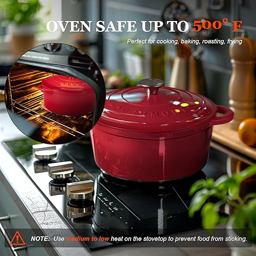 Miniatura 2 de Overmont Horno holandés de hierro fundido esmaltado de 5.5 cuartos de galón con tapa y libro de cocina, cacerola resistente con asas dobles