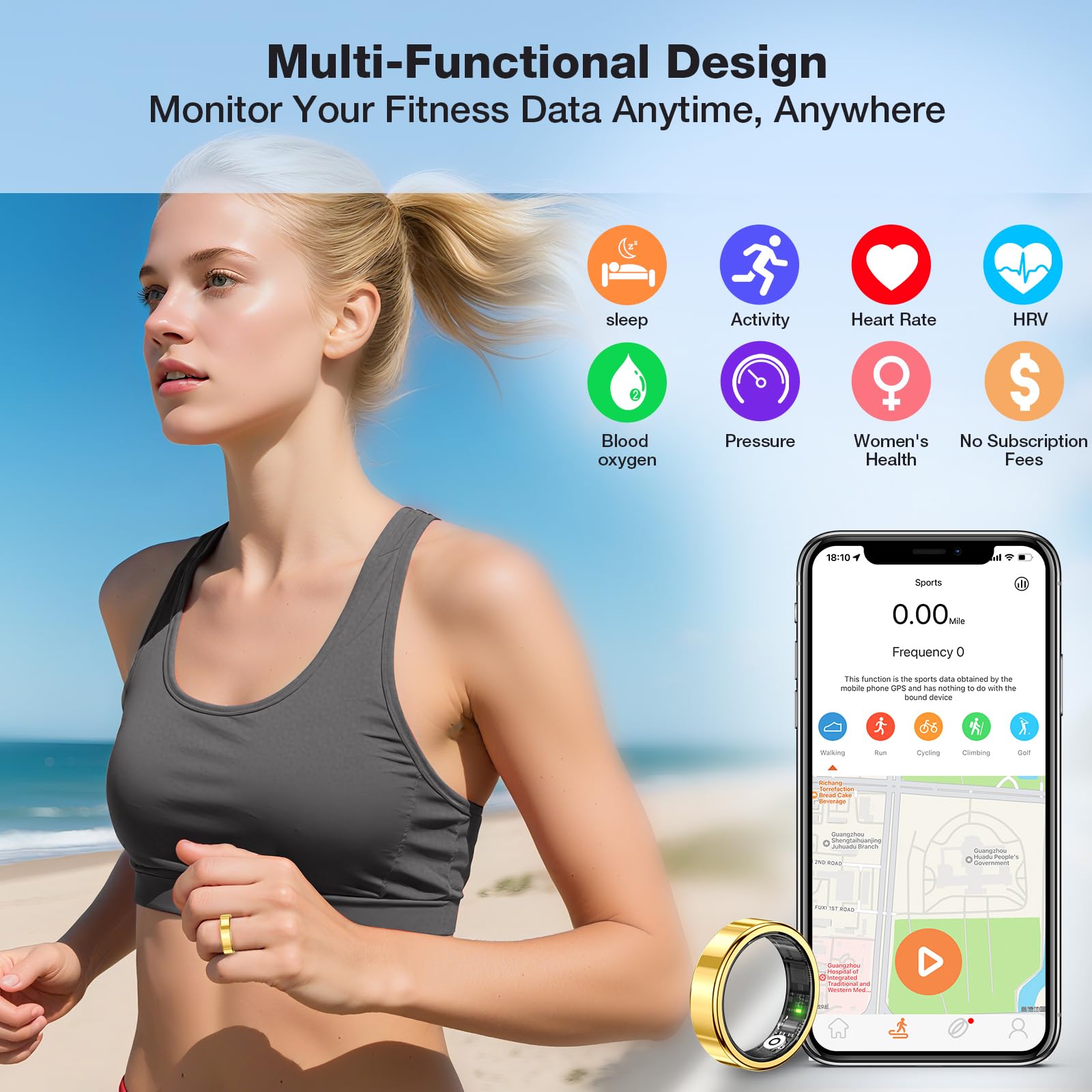 Anneau de suivi intelligent de la santé, anneau de suivi du sommeil avec capteur de fréquence cardiaque, étanche pour homme et femme, compatible avec iOS et Android (doré, 12)