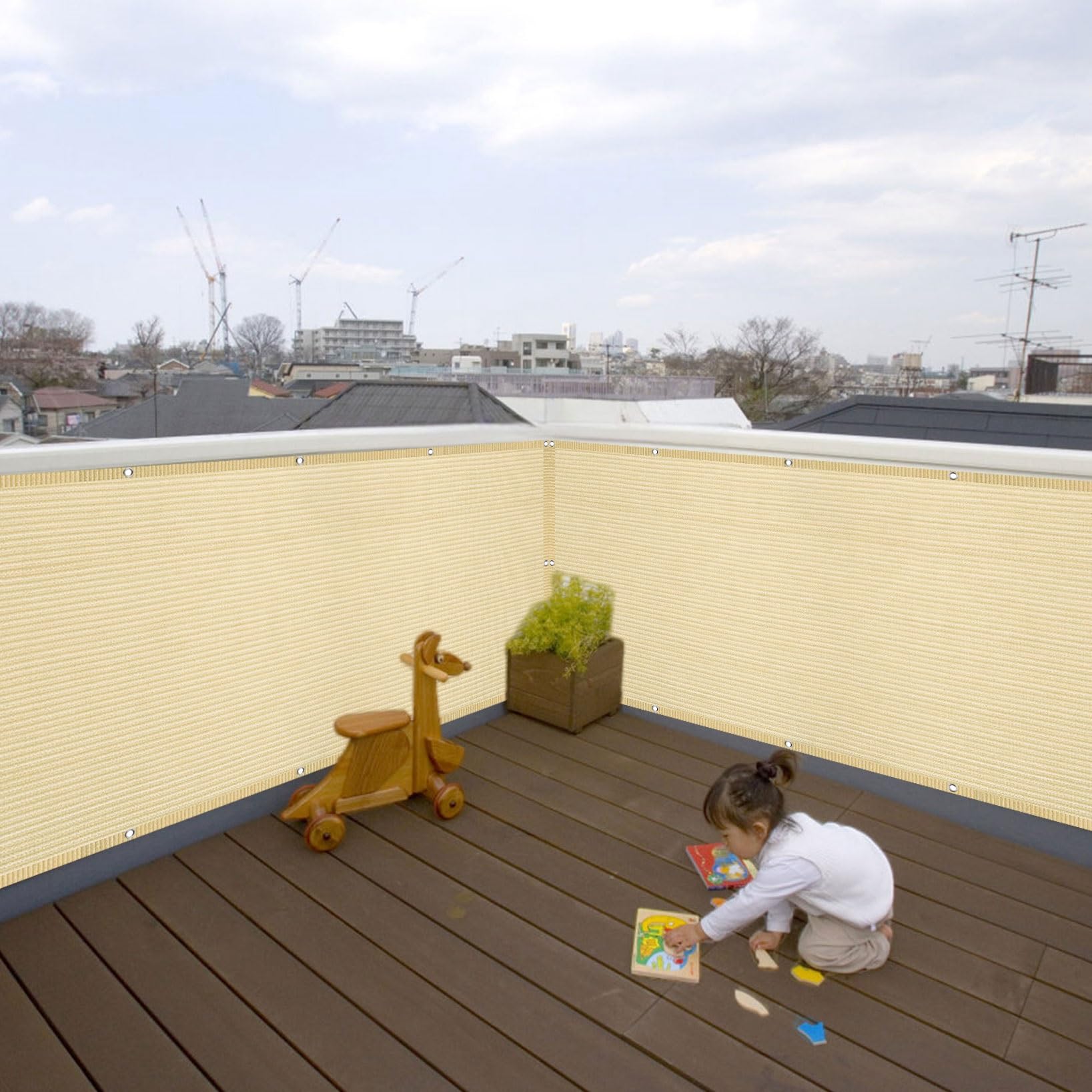Osłona Ekranu Chroniąca Balkon 150 x 900 cm Słoneczny Wiatr Ogrodzenie Z Siatki Przeciwwiatrowej Bez Wiercenia, Z Liną I Oczkami Do Ogrodu, Płotu, Tarasu, Kolor kremowy